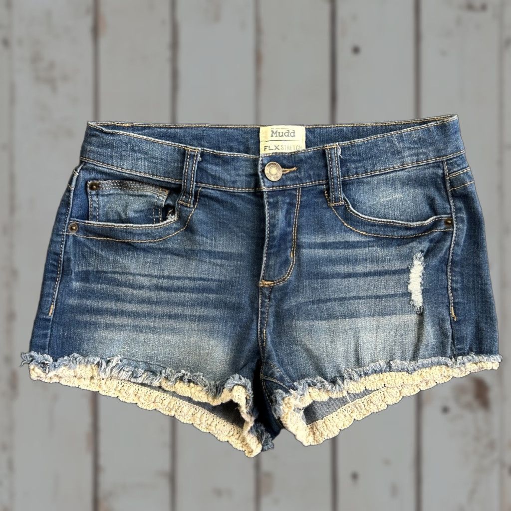 Vintage VINTAGE Mudd FLX Stretch Denim Jean Shorts Booty 9 Doily Lace Distressed y2k Size 30" / US 8 / IT 44 - 1 Thumbnail