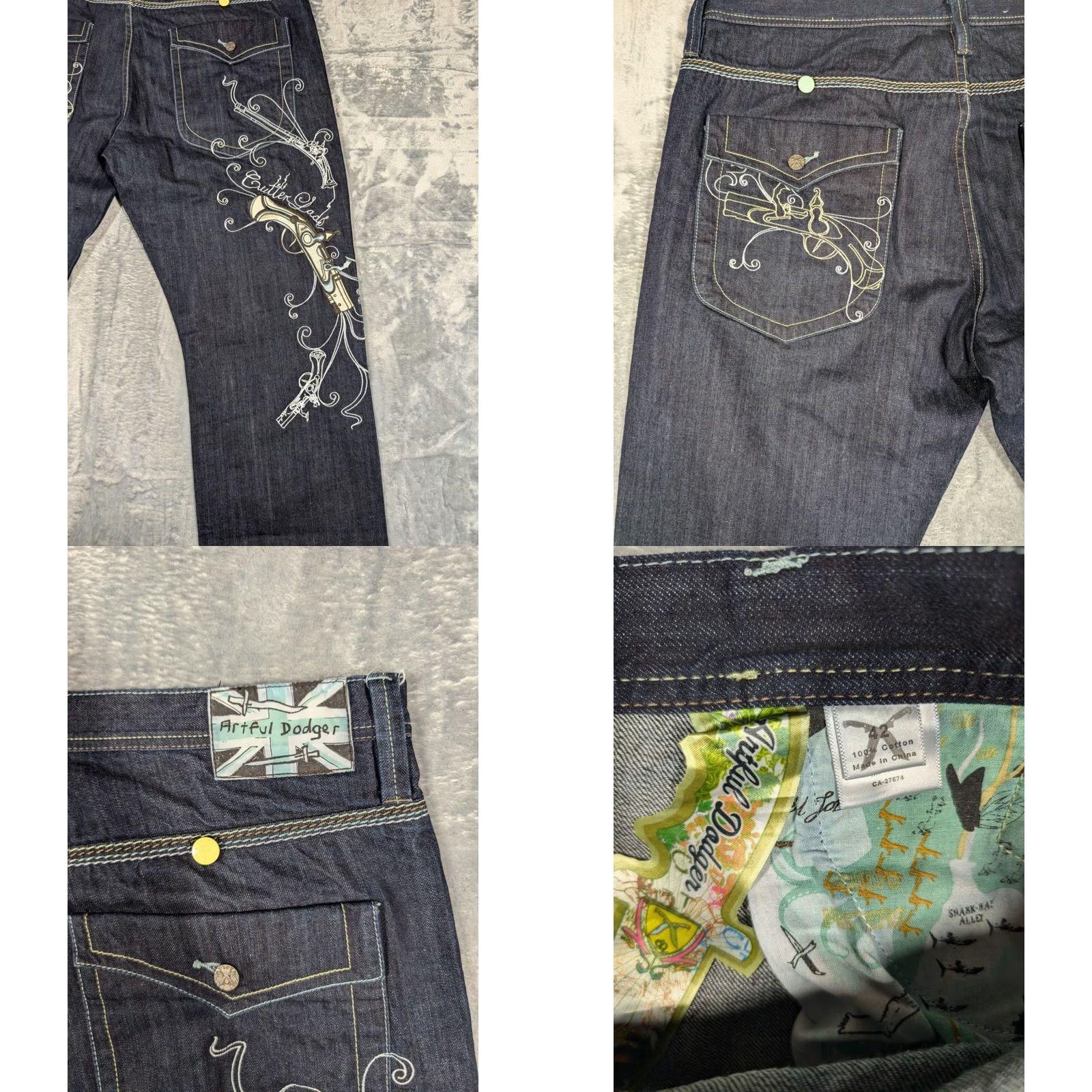 Vintage VINTAGE Mens Artful Dagger Jeans Embroidered Muskets Sz 42x33 Thick Stitch Baggy Y2k Size US 42 / EU 58 - 8 Thumbnail