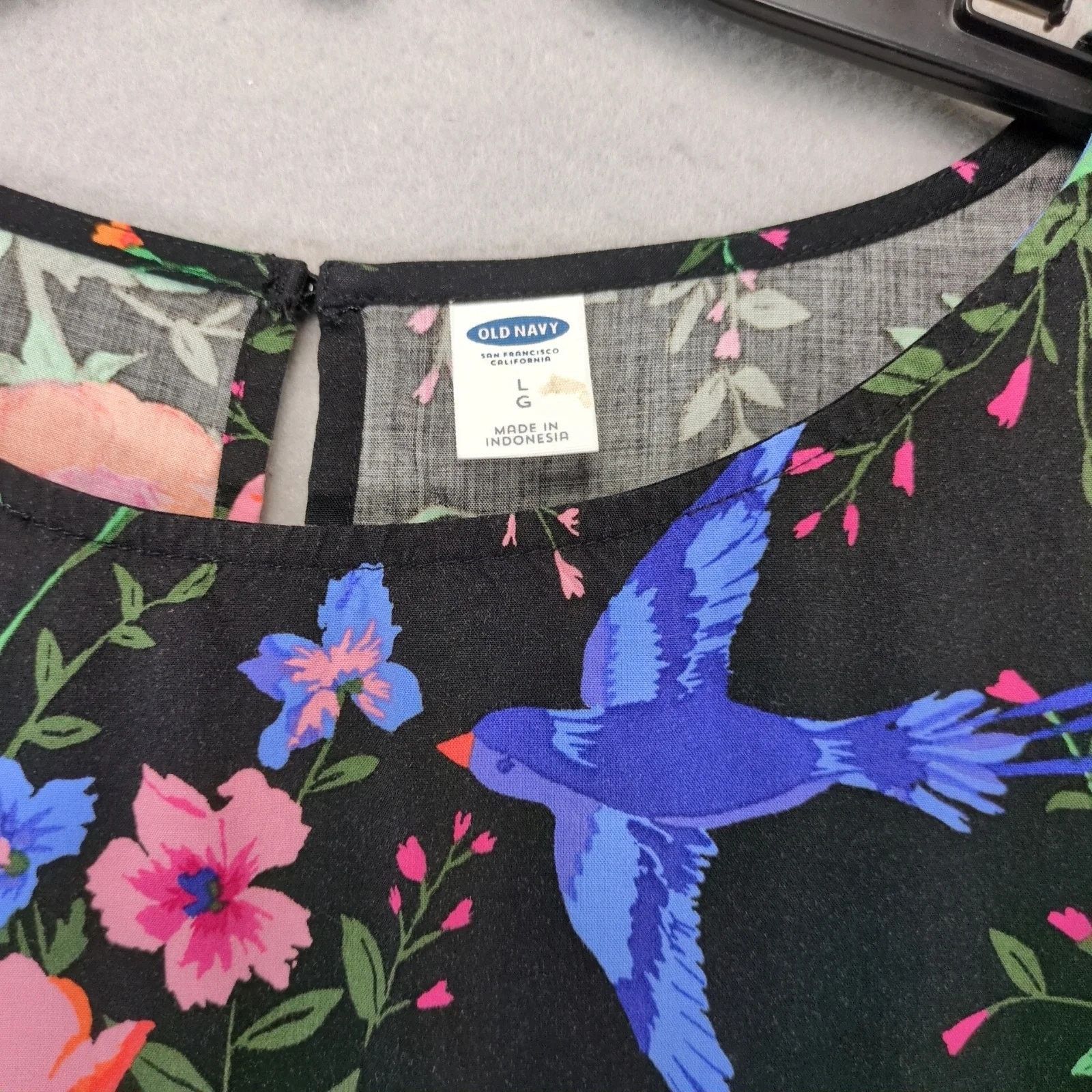 Old Navy Old Navy Black Floral Print Knee-Length Dress Sz L Flare Slv Size L / US 10 / IT 46 - 2 Thumbnail