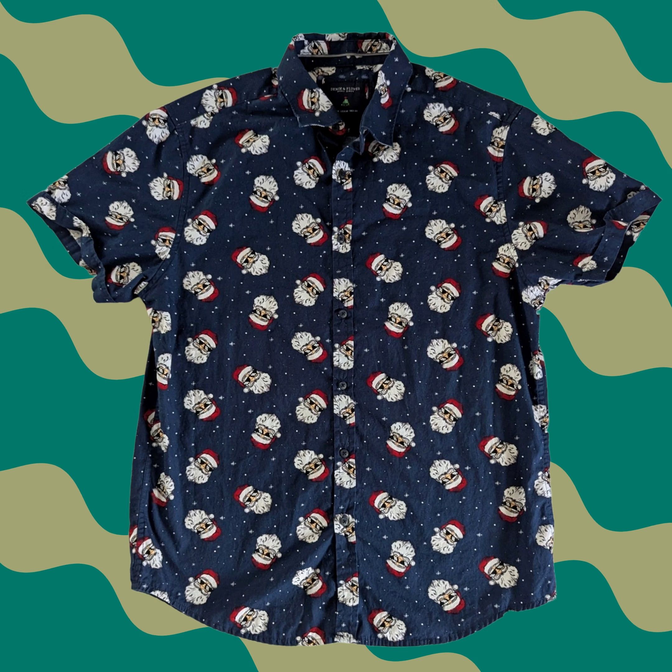 Denime VINTAGE Denim & Flower Navy Santa Claus Print Short Sleeve Button Up Shirt Mens Sz M Size US M / EU 48-50 / 2 - 1 Thumbnail