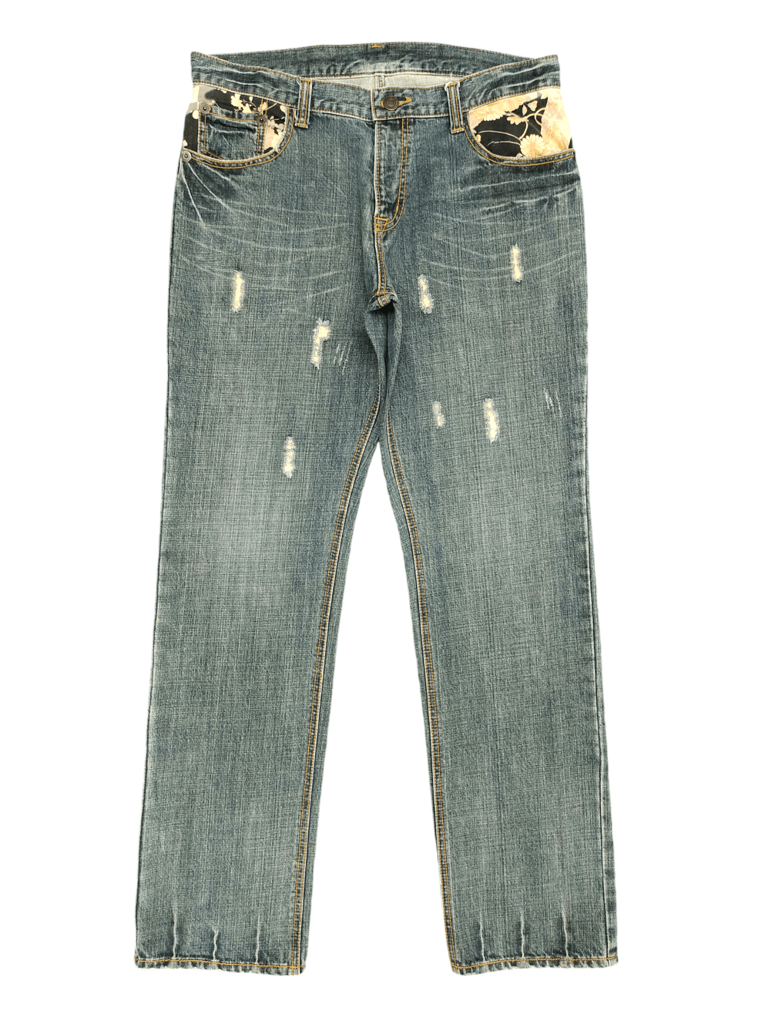 Karakuri Tamashii 2000s Calm Flow Sukajan Floral Distress Jeans Karakuri Style Size US 36 / EU 52 - 1 Thumbnail