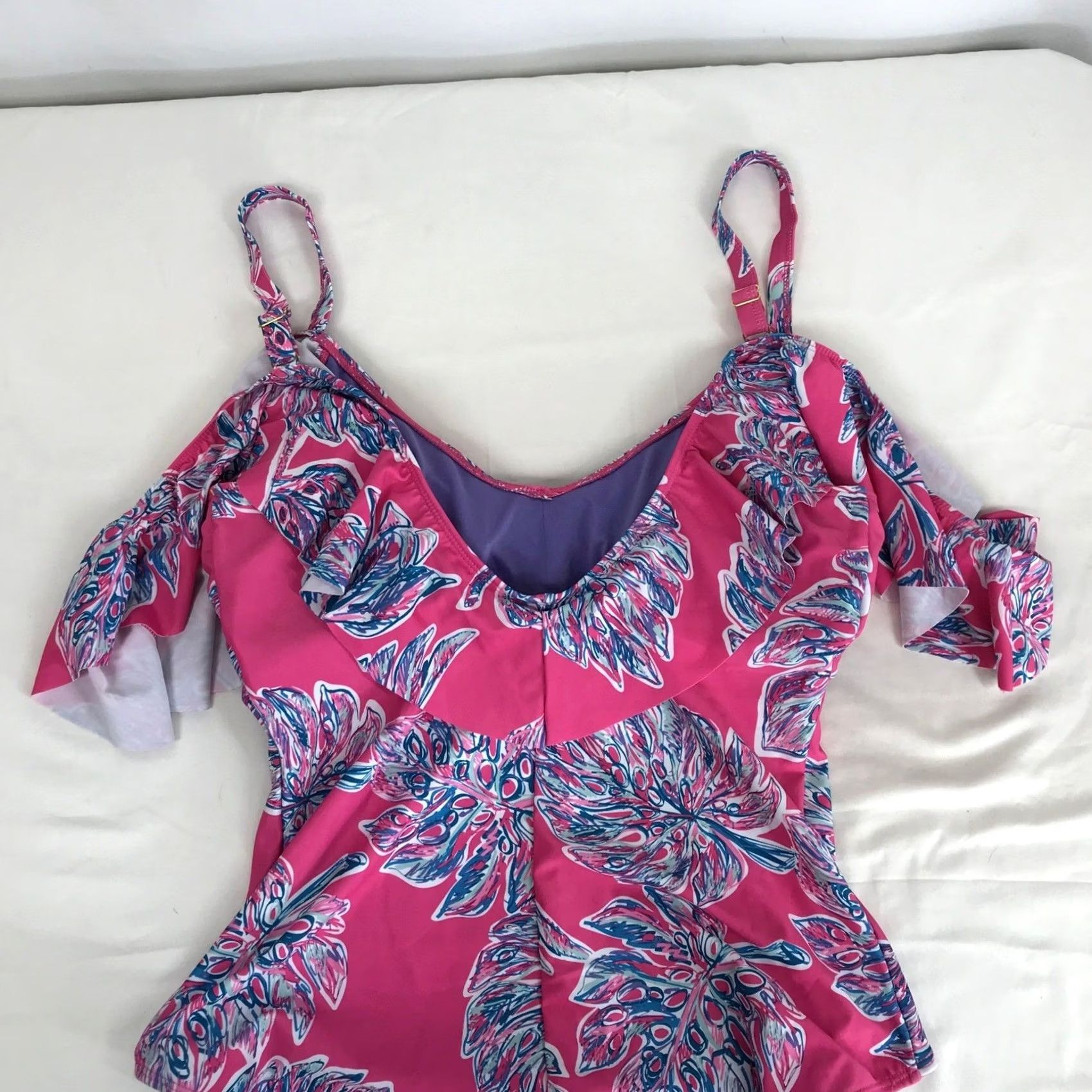 Vintage Marilyn Monroe One Piece Pink Tropical Monstera Leaf Ruffle Spaghetti Strap L Womens Sized XL Size ONE SIZE - 5 Thumbnail