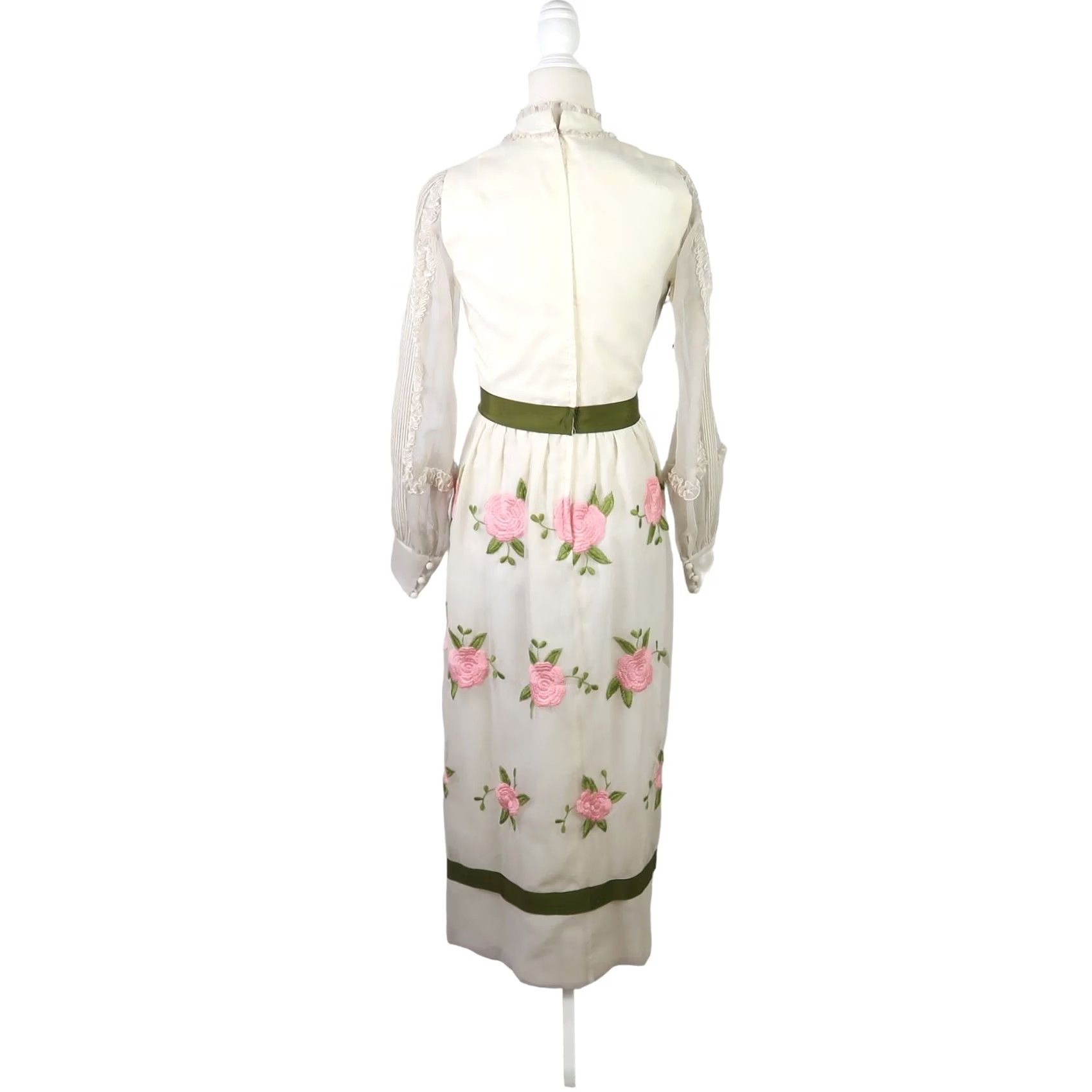 Vintage VINTAGE Jack Bryan Formal Maxi Dress 8 Cream Pink Floral Embroidered Long Sleeve 60s 70s Bohemian Women Size M / US 6-8 / IT 42-44 - 4 Thumbnail