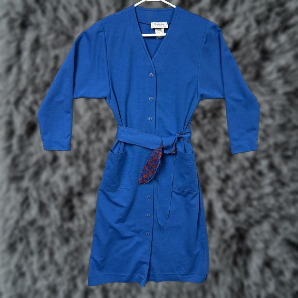 Vintage VINTAGE Leslie Fay Petites Dress 10 Midi Knit Blue 3/4 Sleeve Button Front Pockets Belted 80s Office Workwear Womens Size L / US 10 / IT 46 - 1 Thumbnail