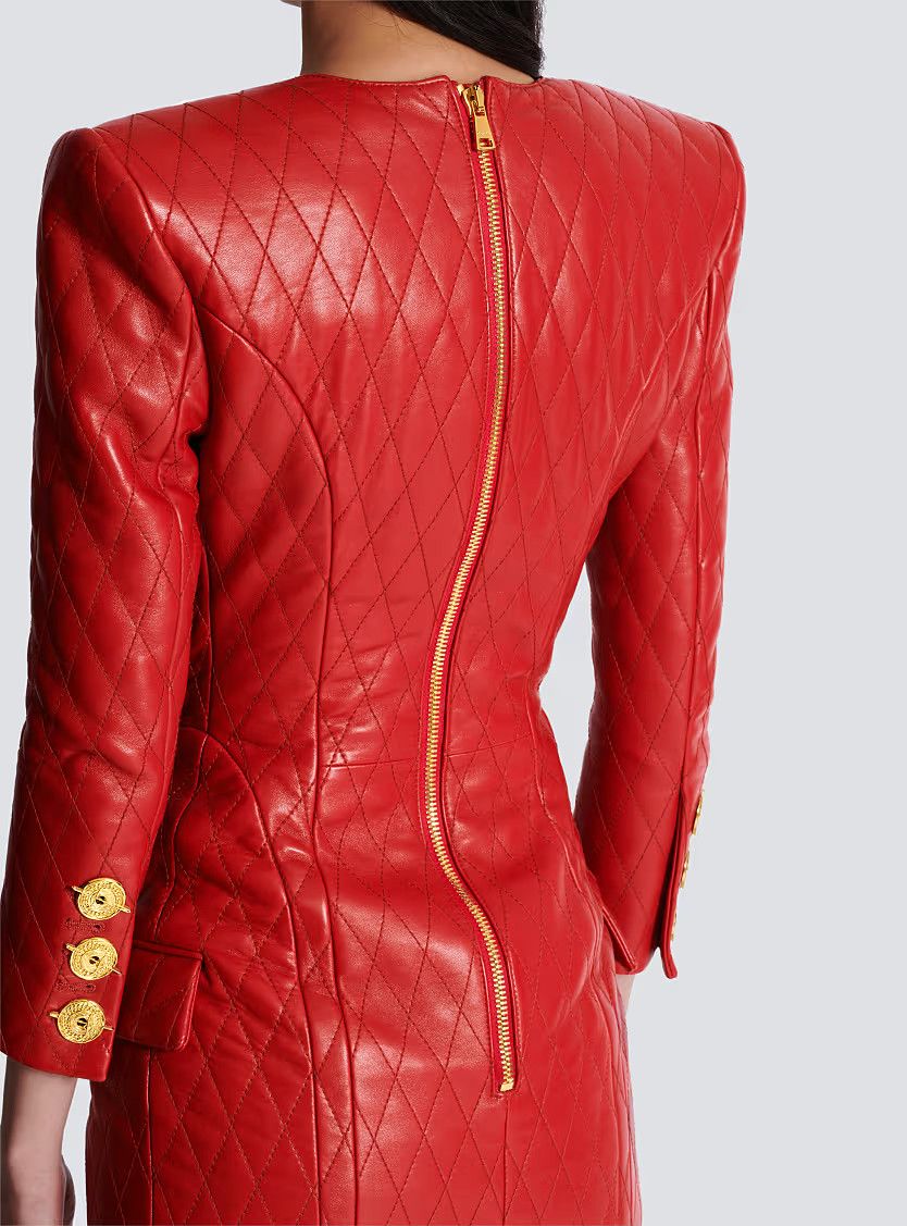 Balmain o1s1wg111225 Short Quilted Leather Dress in Red Size L / US 10 / IT 46 - 8 Thumbnail