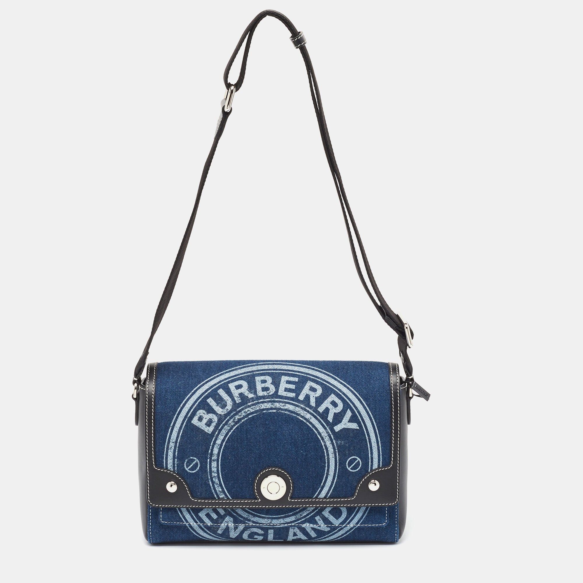 image of Burberry Blue/black Denim And Leather Medium Note Shoulder Bag, Women's