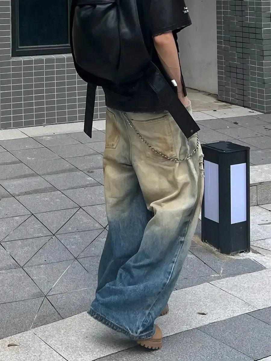 Japanese Brand × Jean Loose straight leg floor mopping gradient yellow mud jeans Size US 32 / EU 48 - 4 Thumbnail