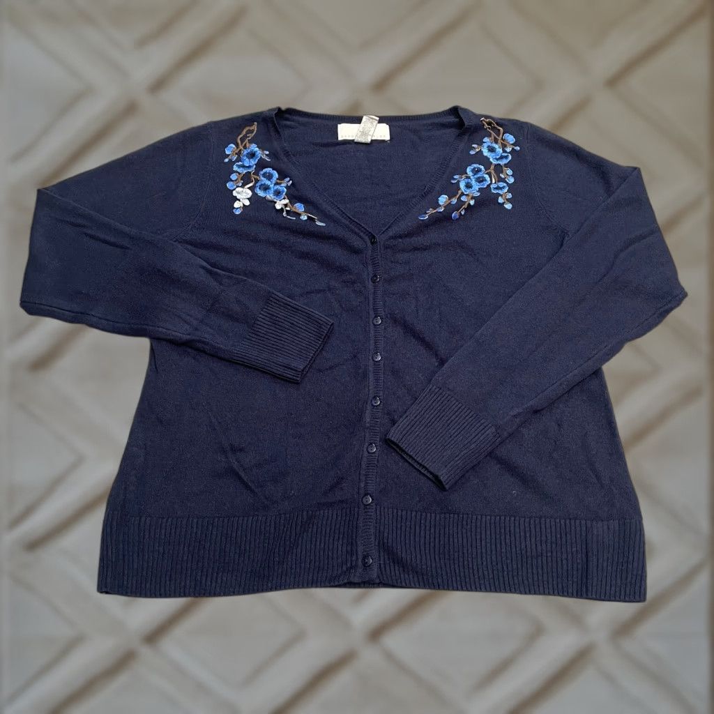 Vintage Carolyn Taylor Cardigan Sweater Womens Large Navy Blue Embroidered Floral Casual Size L / US 10 / IT 46 - 1 Thumbnail