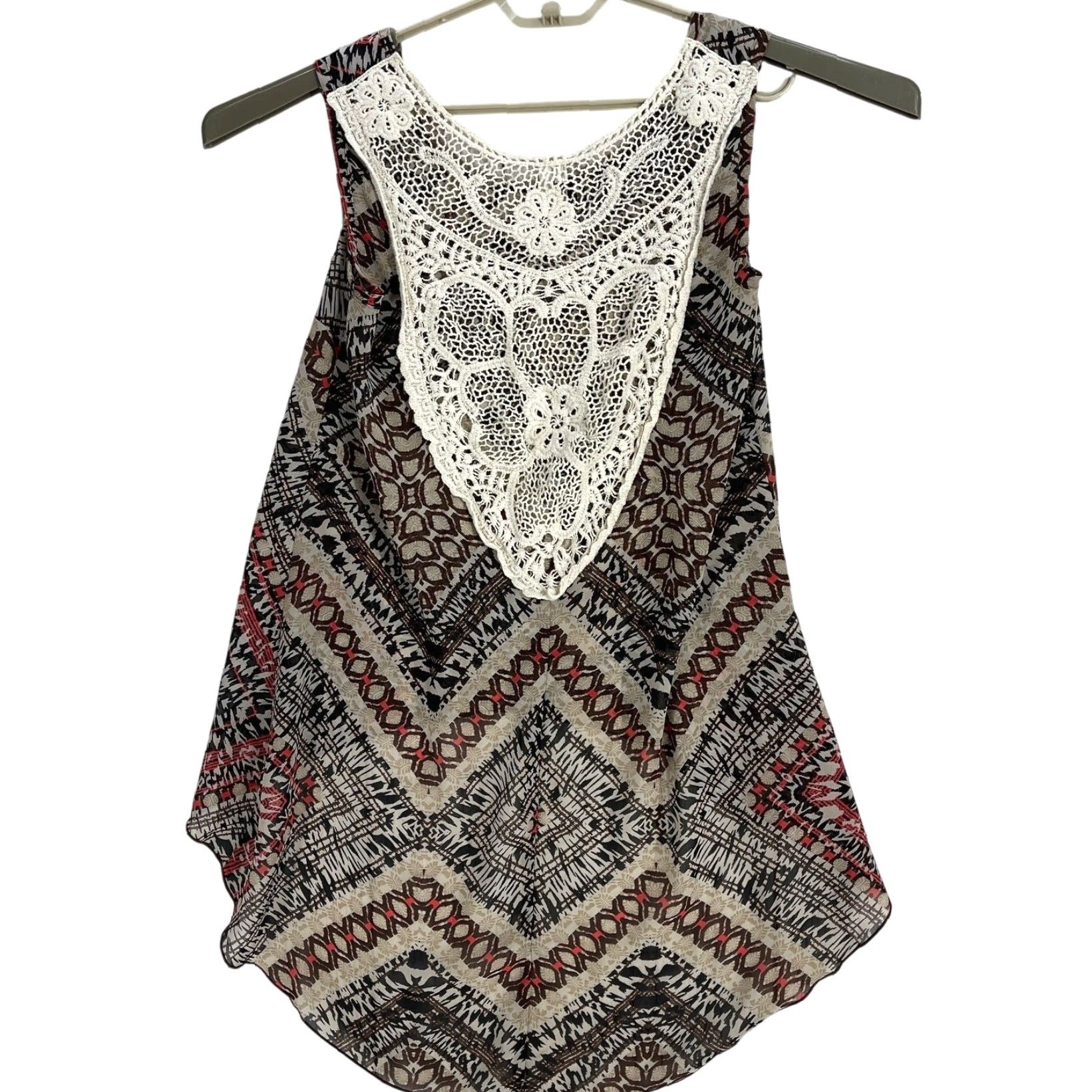 Vintage Studio Y Tank Top S Brown Red Sleeveless High Low Hem Crochet Boho Hippie Bohemian Festival Geometric Shirt Women's Small Size S / US 4 / IT 40 - 3 Thumbnail