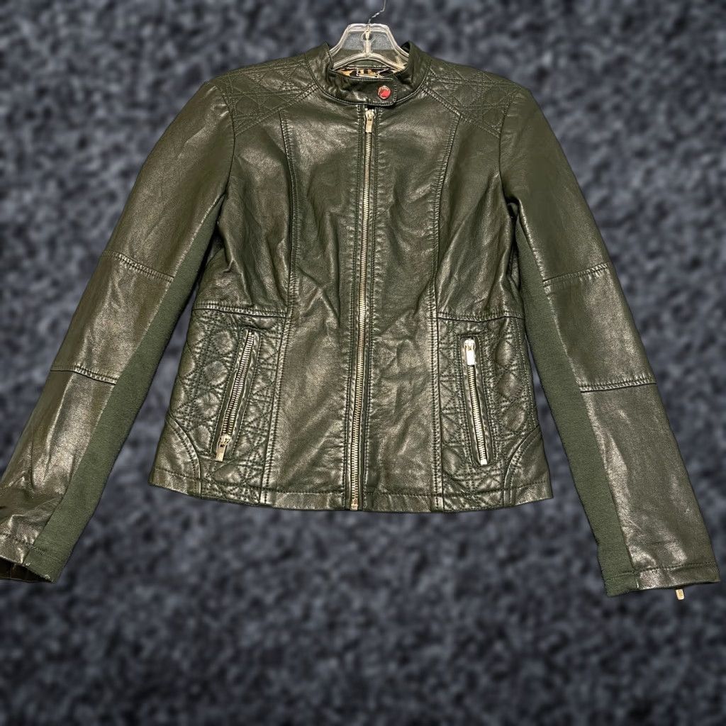 VINTAGE Black Rivet Olive Green Faux Leather Motorcycle Jacket Womens XS Lined Full Zip Green Olive?