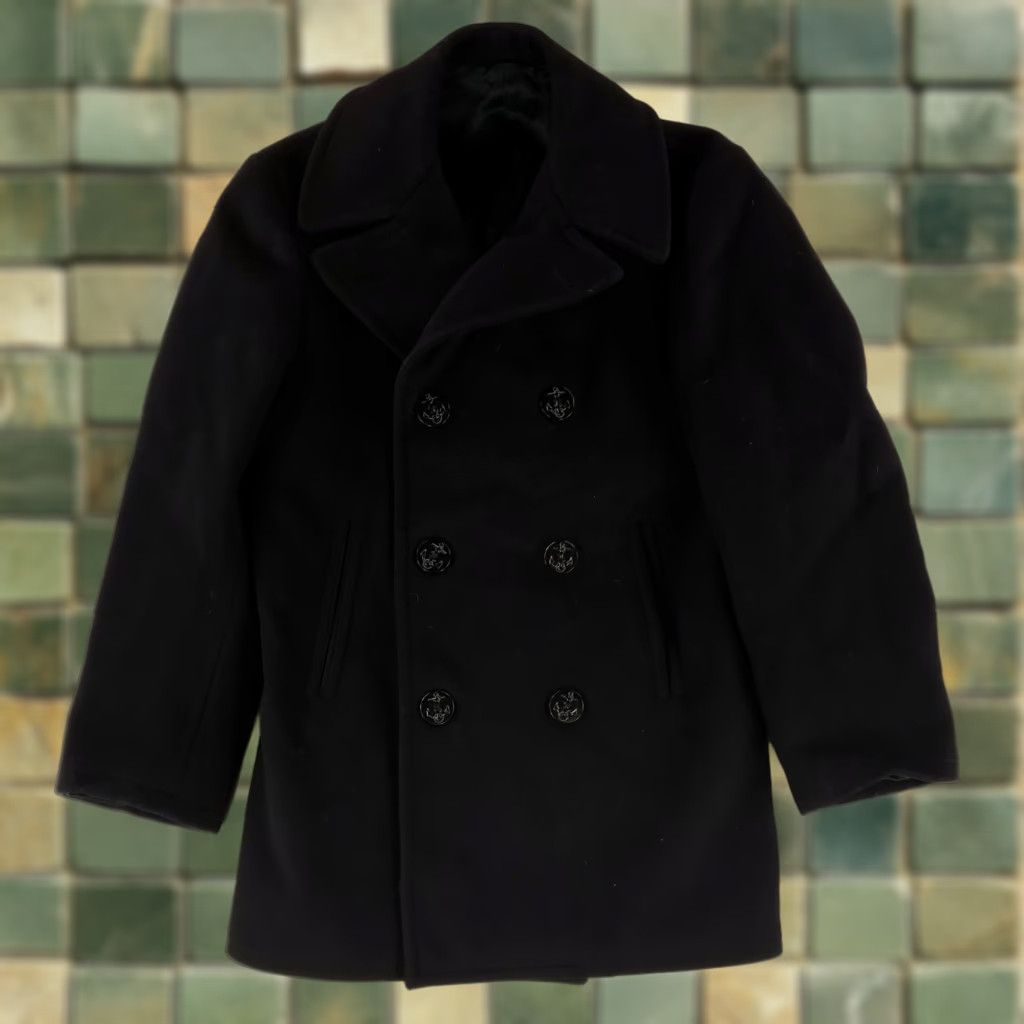 VINTAGE US Navy Peacoat Mens 36 Reg Black Double Breasted 100% Wool Kersey 70s Coat