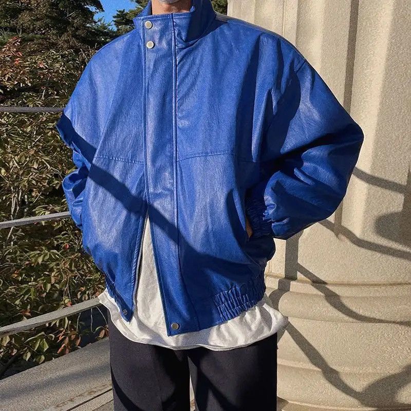 Vintage Streetwear Blue PU Leather Jacket
