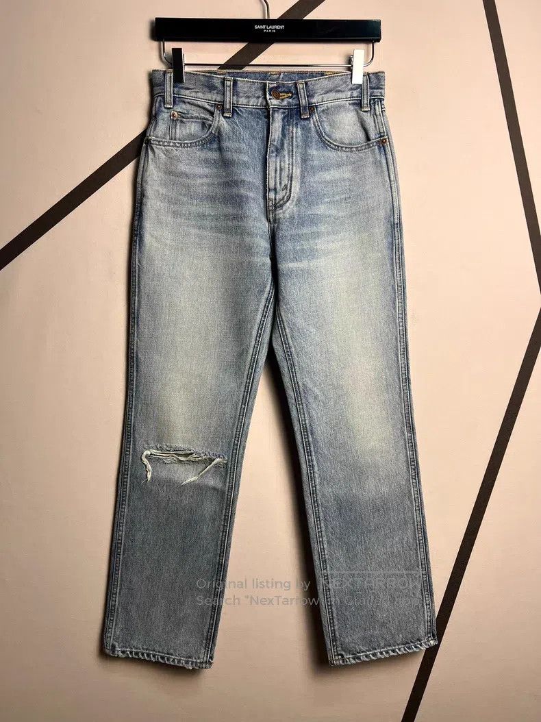 Celine CELINE Single Knee Slash Destroyed Light Blue Washed Strai Size US 27 - 1 Thumbnail