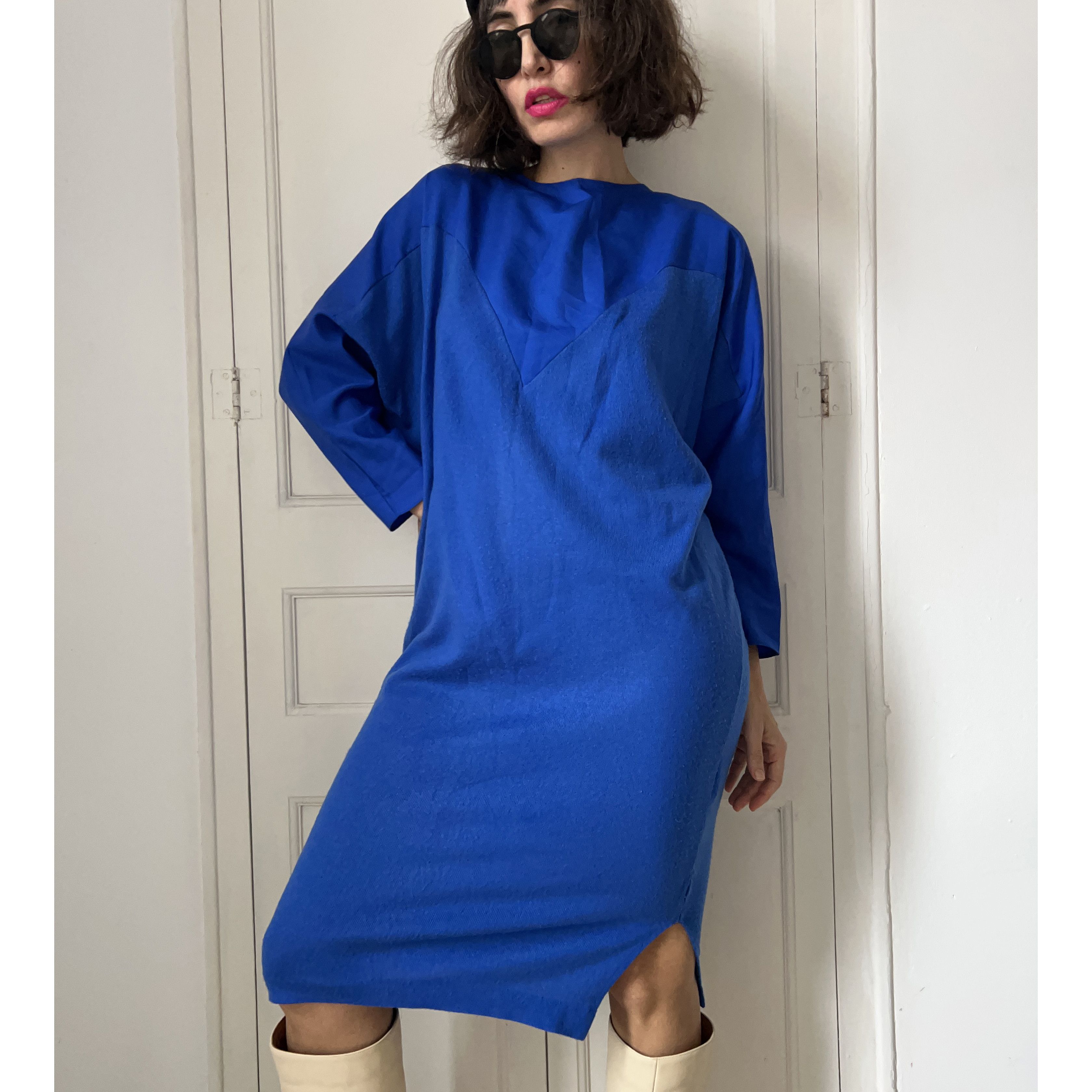 Vintage Vintage 80s Cobalt Blue Dolman Sleeve Midi Tunic Dress Size S / US 4 / IT 40 - 6 Thumbnail