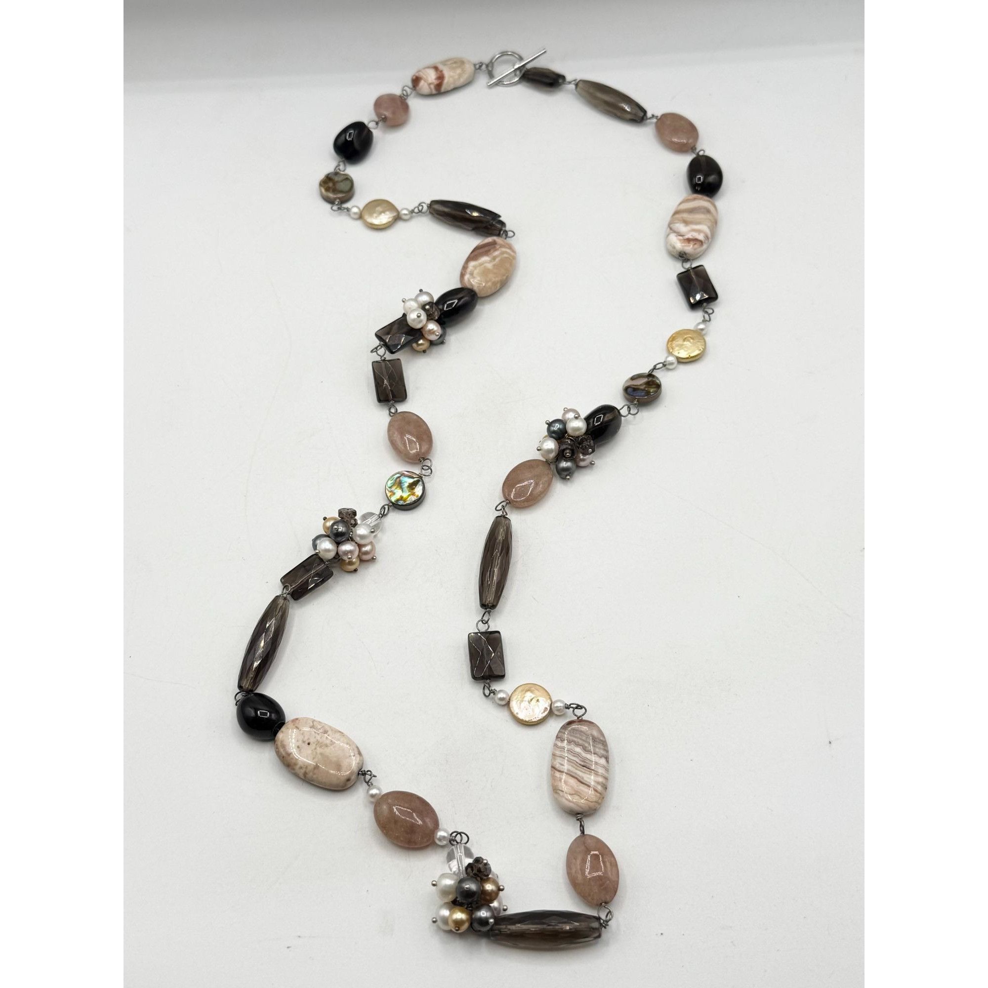 Vintage Genuine Pearl Agate Smokey Quartz Abalone Shell & MOP Long B Size ONE SIZE - 2 Thumbnail