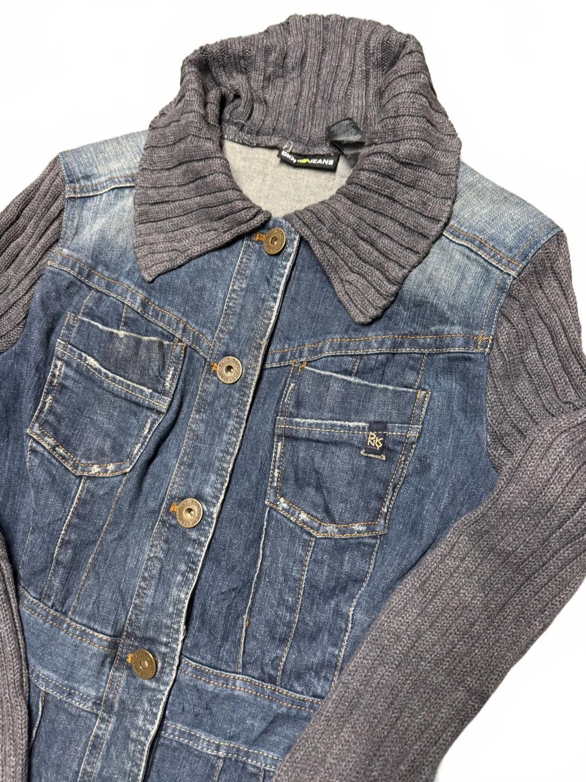 Designer DKNY Jeans Women's Denim Jacket with Knit Sleeves Size US M / EU 48-50 / 2 - 2 Thumbnail