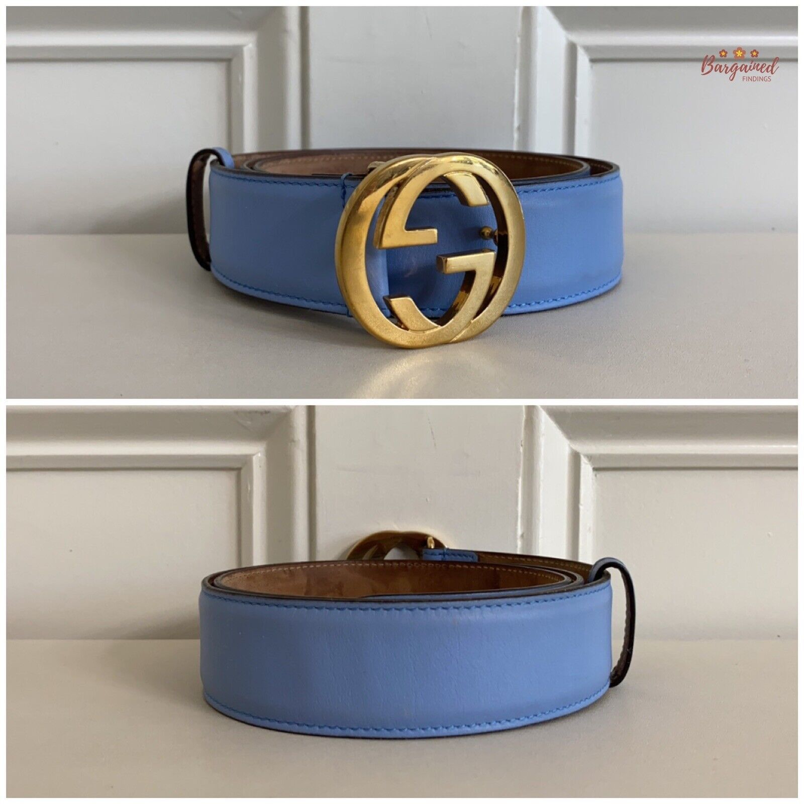 Gucci Gucci Blue Calfskin Leather Gold Interlocking G Buckle Belt Size 30 - 7 Thumbnail