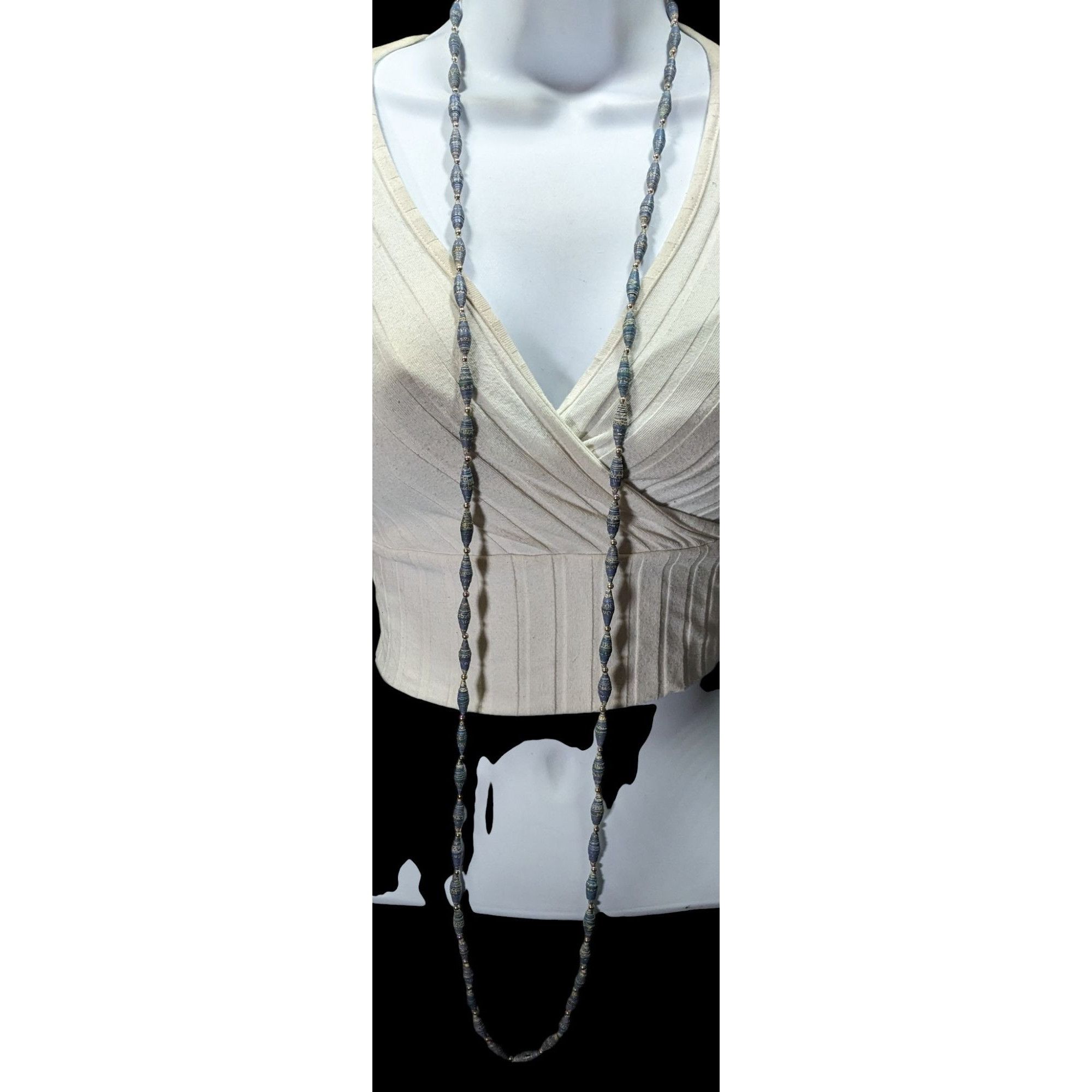 Other Vintage Blue Wrapped Paper Beaded Necklace With Silver Tone Size ONE SIZE - 3 Thumbnail