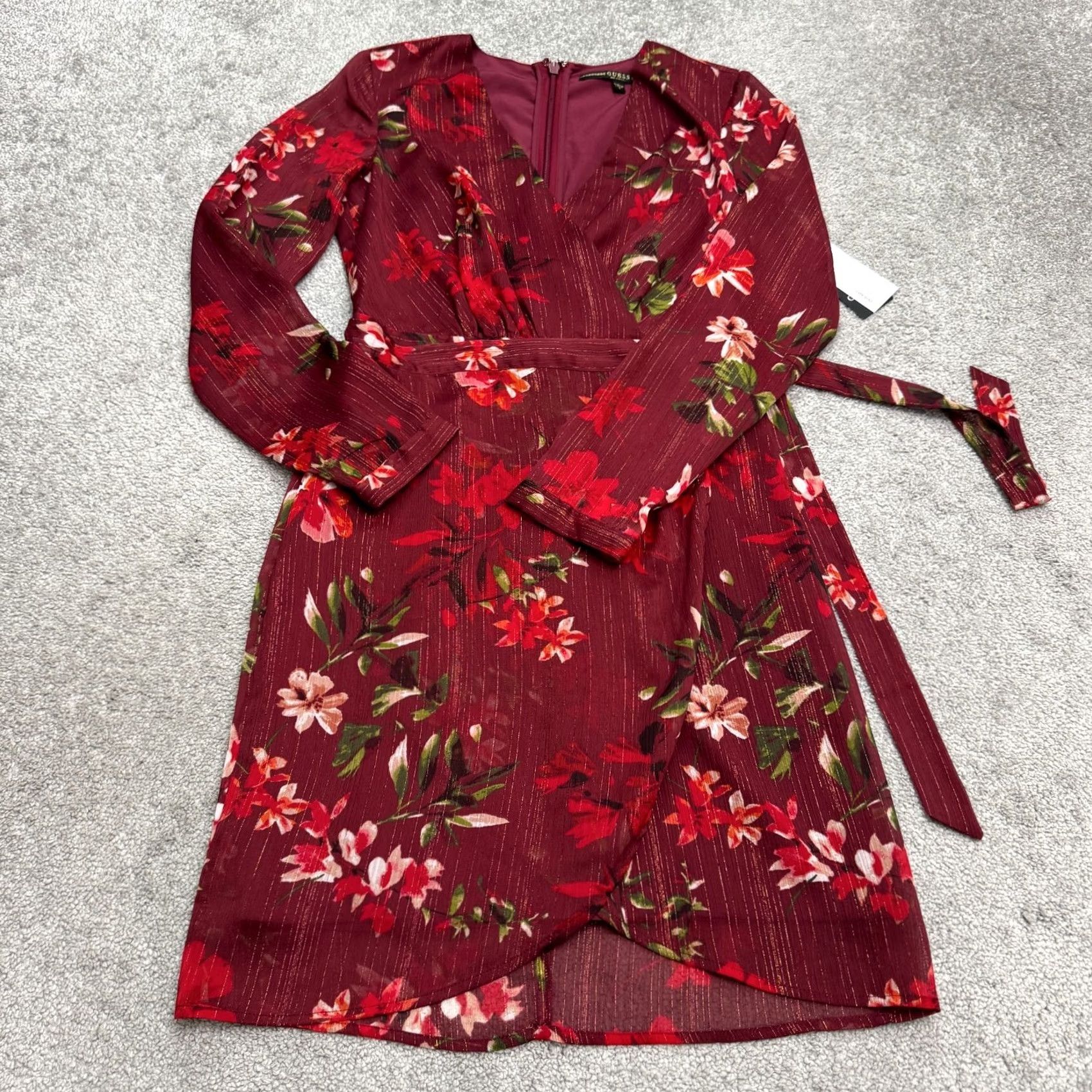 Guess GUESS Wrap Dress 0 Long Sleeve Floral Red V-Neck Knee Length NWT Size XS / US 0-2 / IT 36-38 - 4 Thumbnail