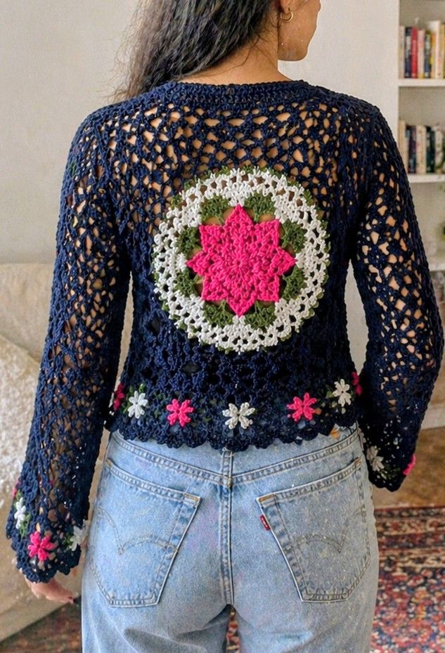 Homespun Knitwear Vintage Boho Daisy Crochet Knit Flare Cardigan Sweater S Size S / US 4 / IT 40 - 2 Thumbnail
