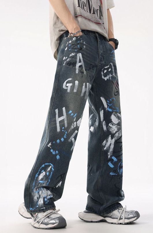 Japanese Brand Street wide-leg men's loose straight graffiti baggy jeans Size US 32 / EU 48 - 3 Thumbnail