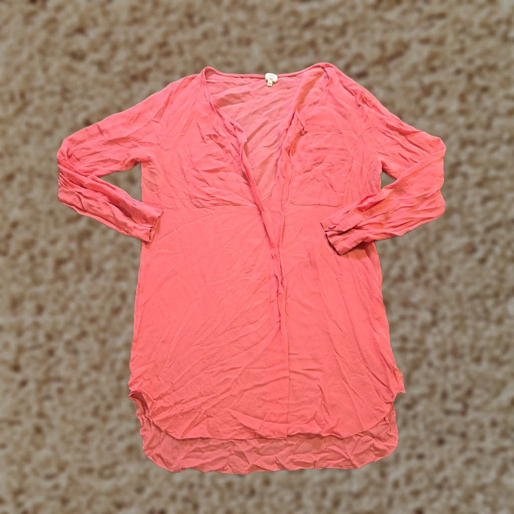 Vintage Wilfred Top Womens Size Large Pink Silk Crepe Sheer V-Neck Aritzia Casual Tunic Blouse (Tunic) Size L / US 10 / IT 46 - 1 Thumbnail