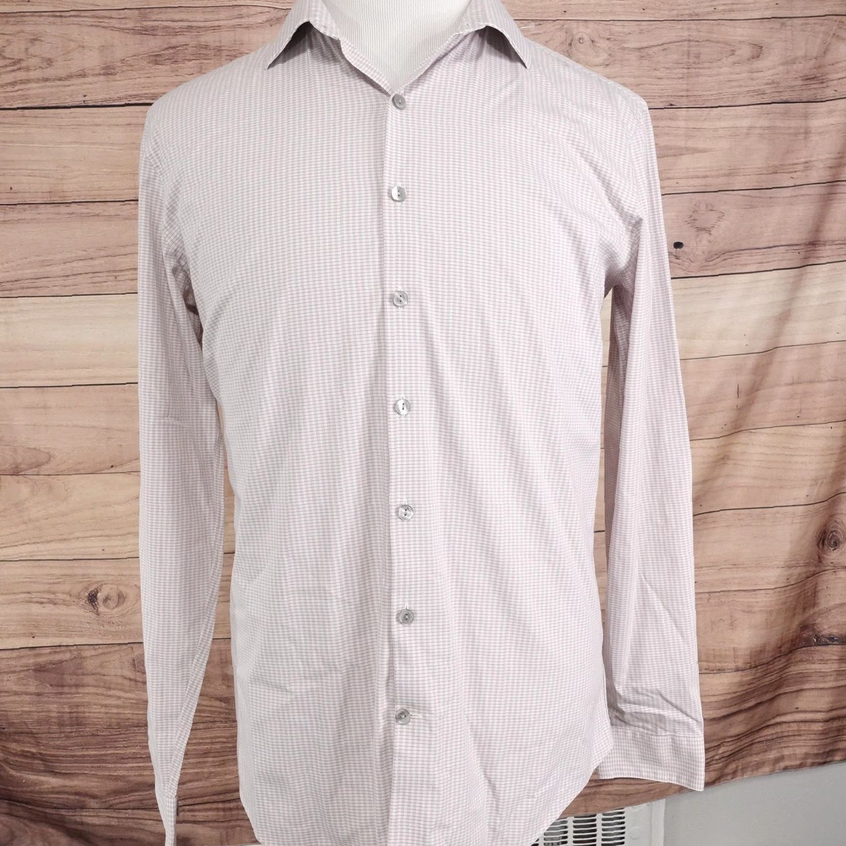 Kenneth Cole Kenneth Cole Reaction Dress Shirt Mens 16 34/35 Pink Check Slim Point Collar Button-Up Long Sleeve Stretch Size 42R - 3 Thumbnail