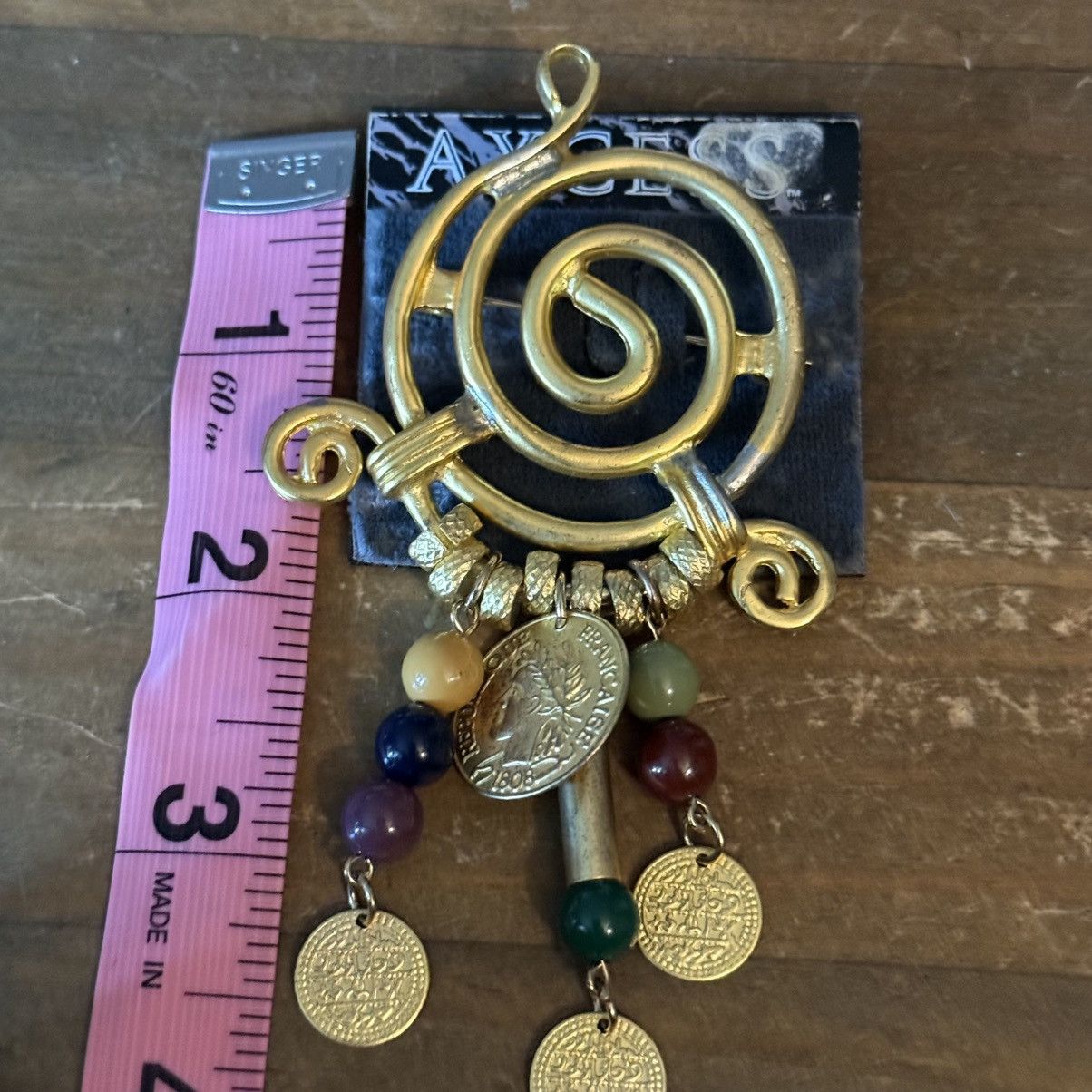 Vintage Vintage gold tone swirly brooch w/dangling beads and coins Size ONE SIZE - 4 Thumbnail
