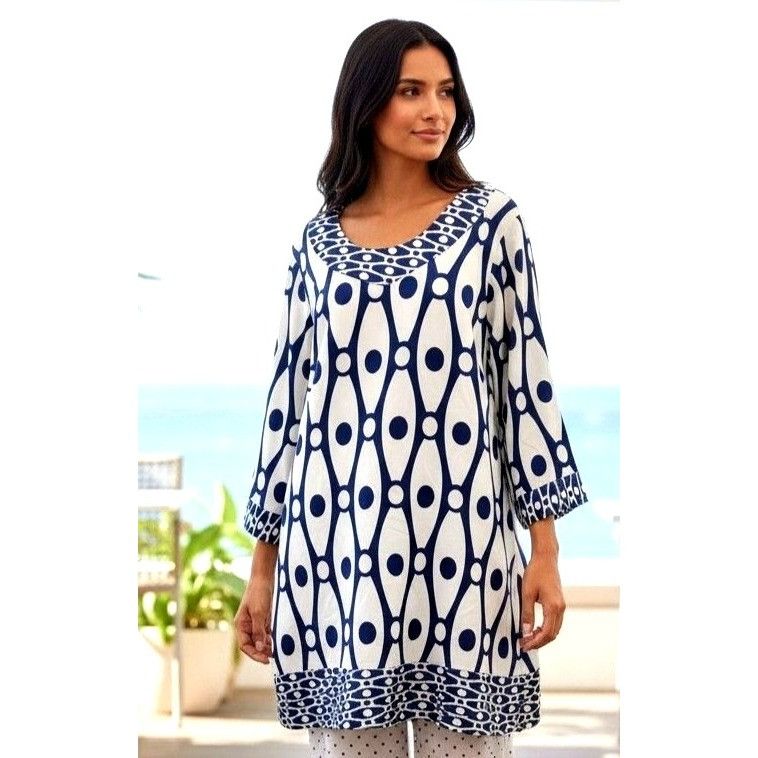 Other Antilia Femme Dress Large Midi White Navy Abstract Geometric Size L / US 10 / IT 46 - 2 Thumbnail