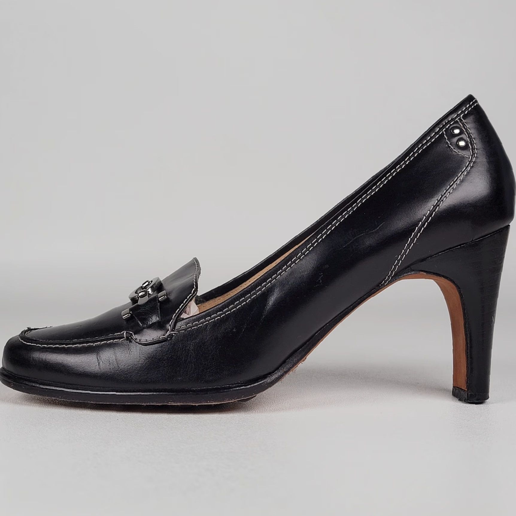 Vintage VINTAGE Circa Joan & David Black Leather CJ Gallager Loafer Heels Women 8.5 Med Heel Block Pumps Size US 11 / IT 41 - 7 Thumbnail