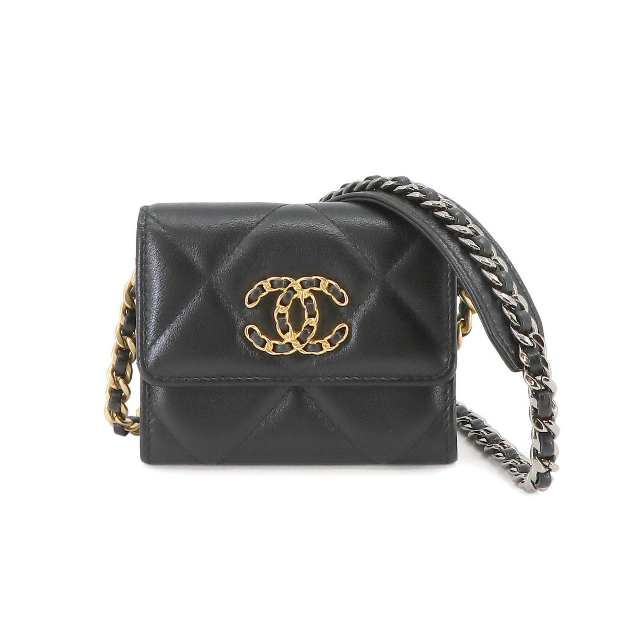 image of Chanel 19 Flap Coin Purse Chain Wallet/coin Case Leather Black Ap1787 Case, Women's