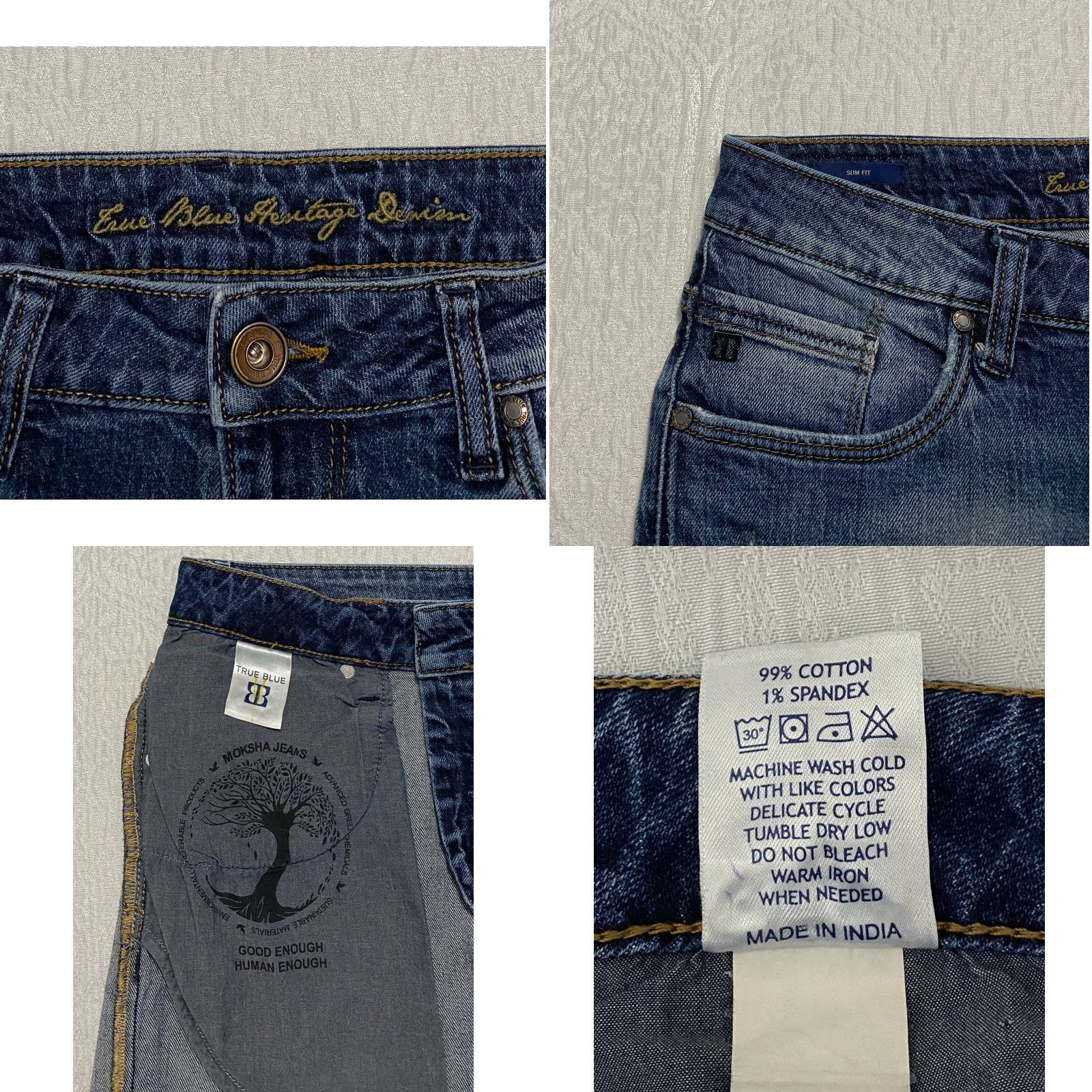 Vintage True Blue Denim Jeans Slim Mens Size 34 Waist 34 Inseam 29 Blue Distressed Stretch Skinny 5-Pocket Design Lightweight Denim Heritage Slim Fit Size US 34 / EU 50 - 8 Thumbnail
