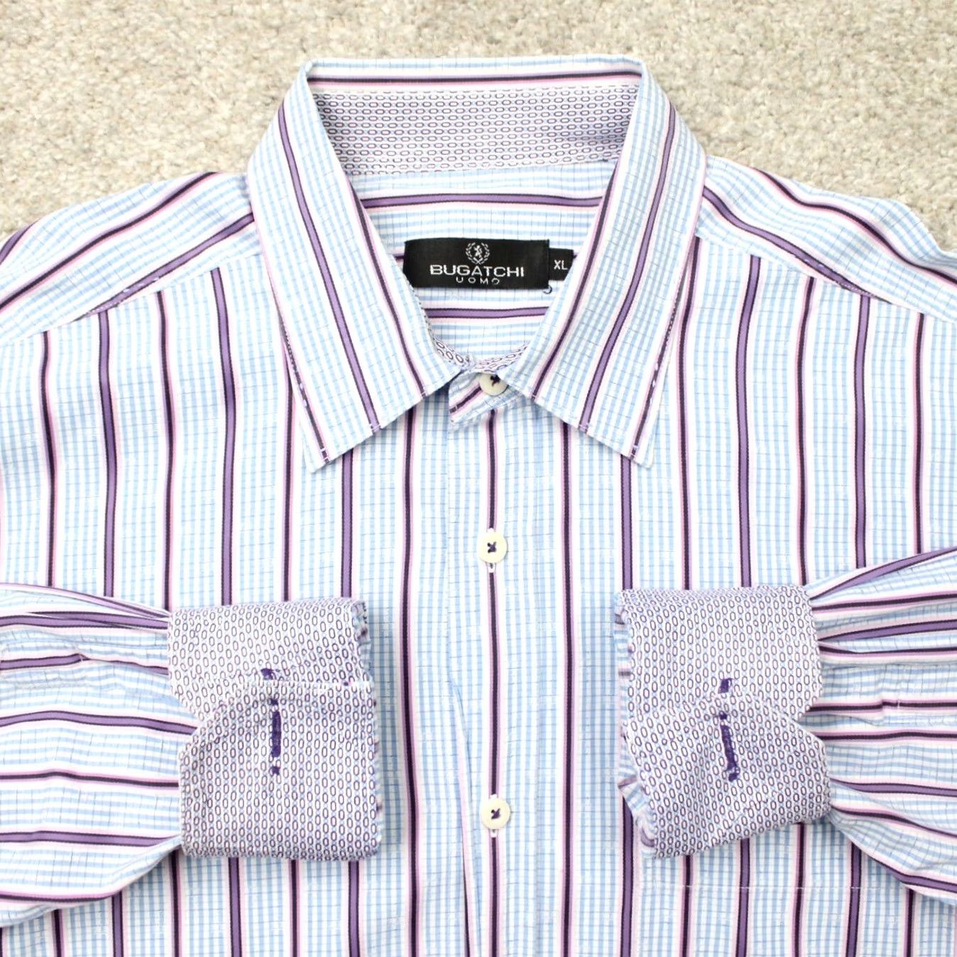 BUGATCHI Bugatchi Uomo Shirt Mens XL Blue/Pink/Purple Striped Cotton Long Sleeve Button-Up Size US XL / EU 56 / 4 - 2 Thumbnail