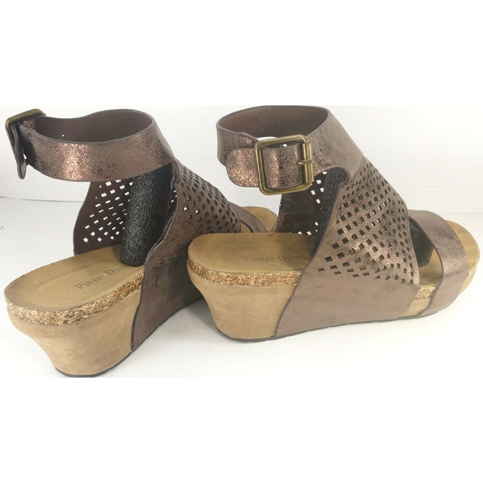 Vintage Pierre Dumas Women's 7 Ankle Strap Wedge Copper Metallic Perforated Peep Sandals Size US 7 / IT 37 - 4 Thumbnail