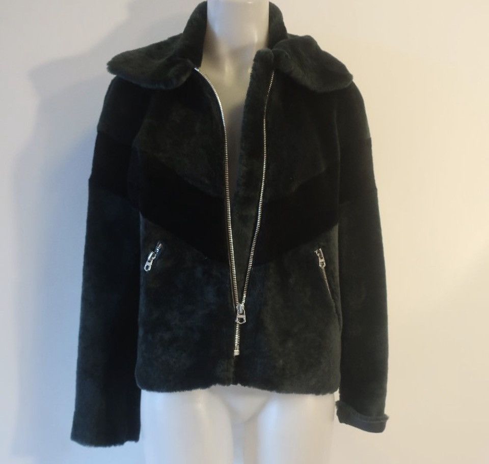 Sandro Sandro Shearling & Leather Zip Jacket Black & Green Chevron Size M / US 6-8 / IT 42-44 - 7 Thumbnail