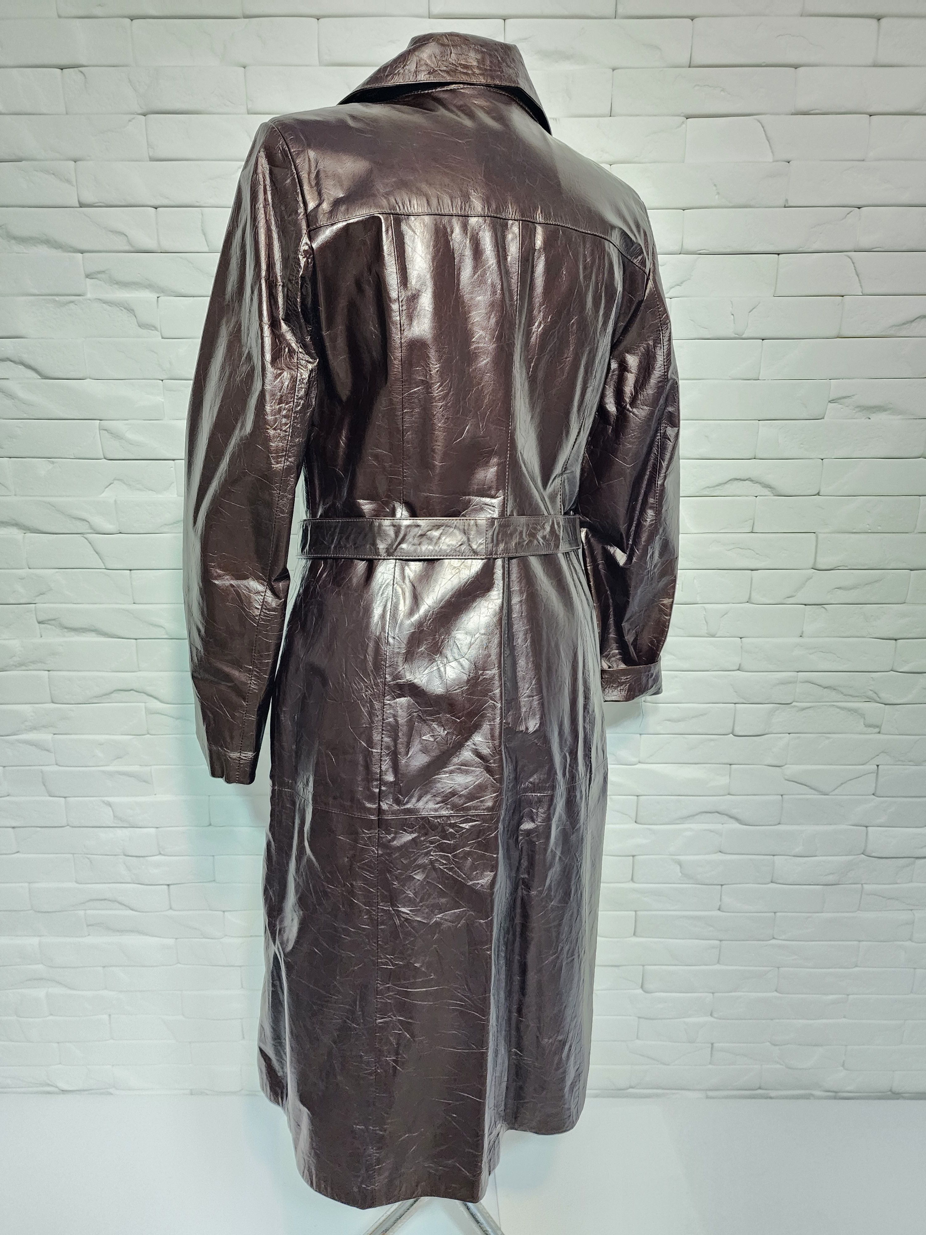 Genuine Leather Brown Patent Leather Coat: Belted Coat. Size L / US 10 / IT 46 - 6 Thumbnail