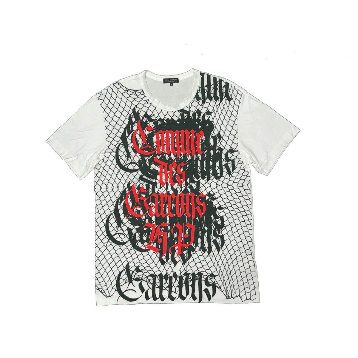 image of Comme Des Garcons x Comme Des Garcons Homme Plus Ad19 Mikitype Wired Fence Gothic Print Tee in Whit