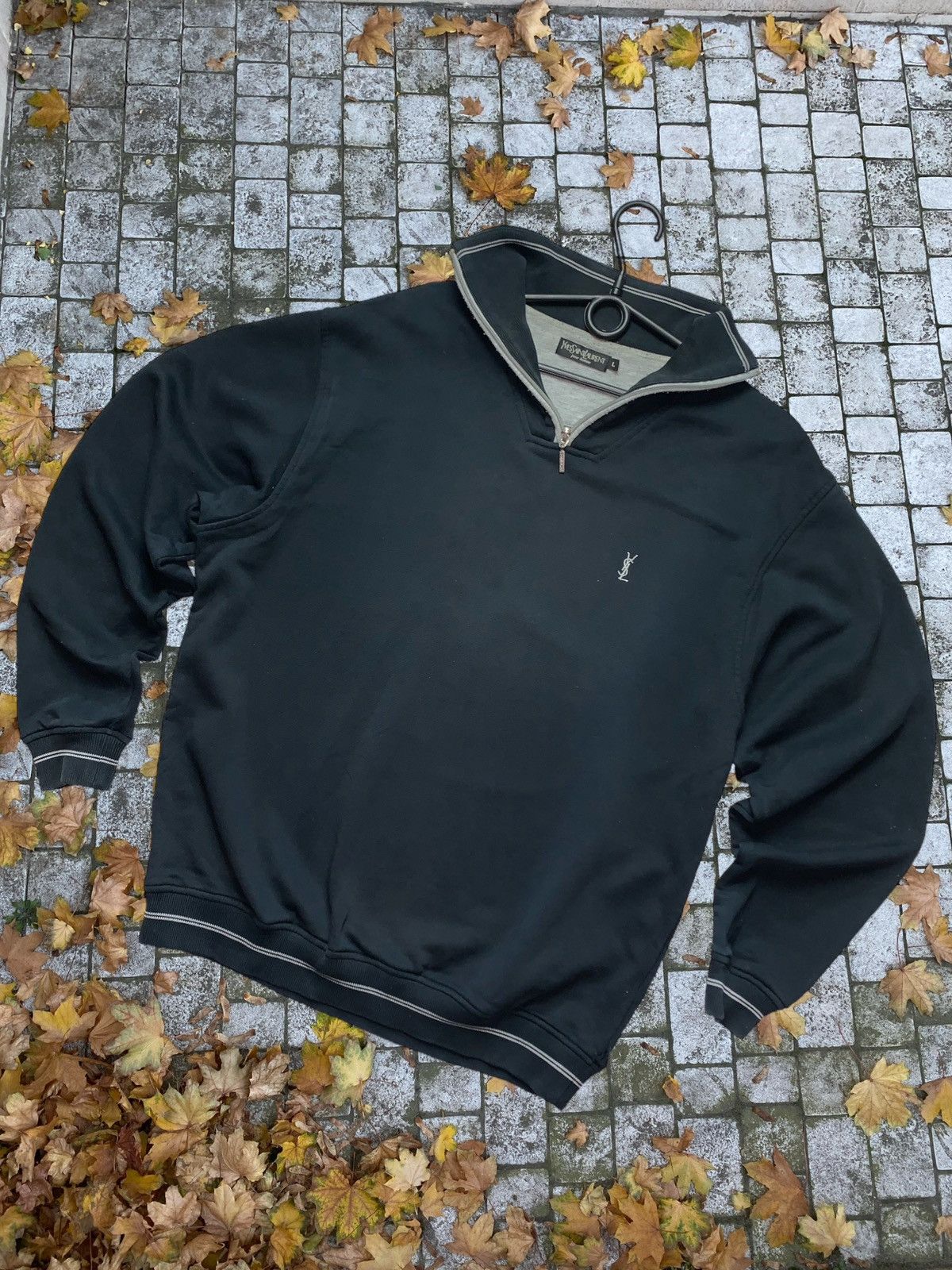 image of Vintage Sweatshirt 1/4 YVES Saint Laurent Logo in Black, Men's (Size Large)