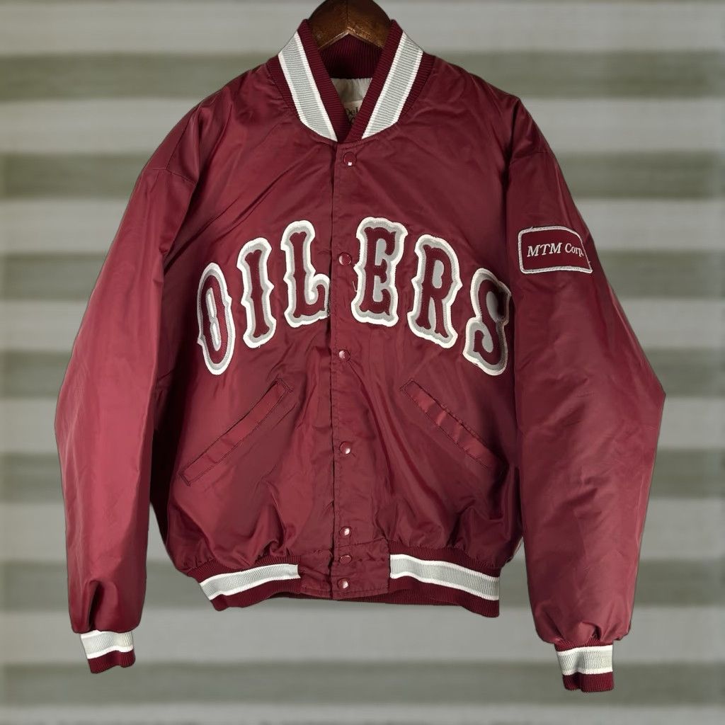Vintage VINTAGE DeLong Athletic Jacket Oilers Red Made in USA Mens Large 80s 90s Snap Baseball Football Hockey Varsity Jacket Size US L / EU 52-54 / 3 - 1 Thumbnail