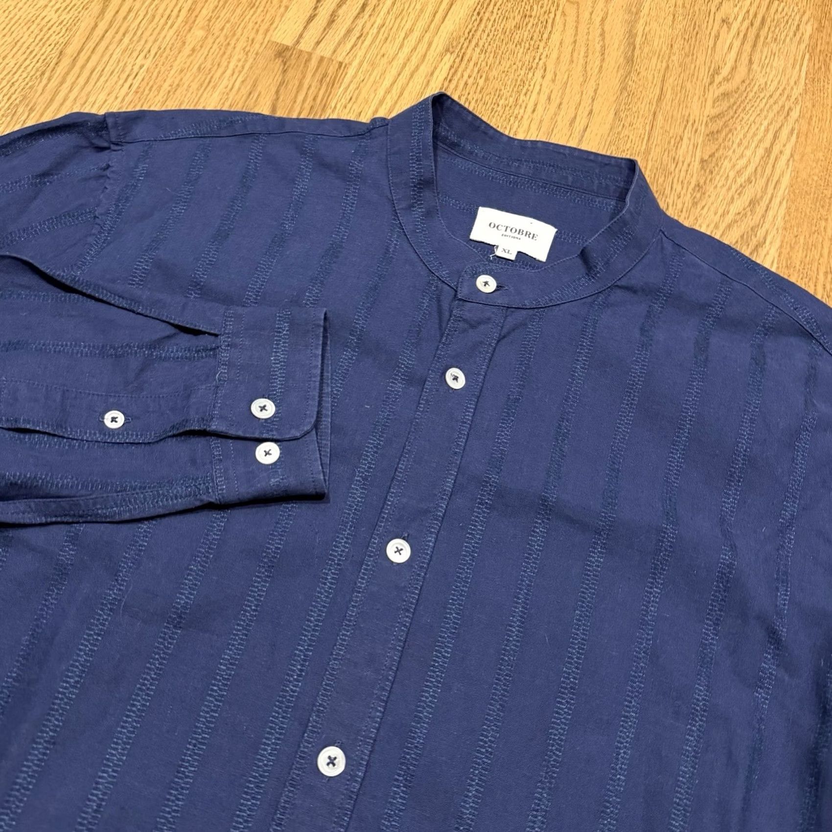 Vintage Octobre Editions Button-Up Linen Cotton Blend Shirt Mens XL Long Sleeve Blue Solid Sezane Size US XL / EU 56 / 4 - 3 Thumbnail