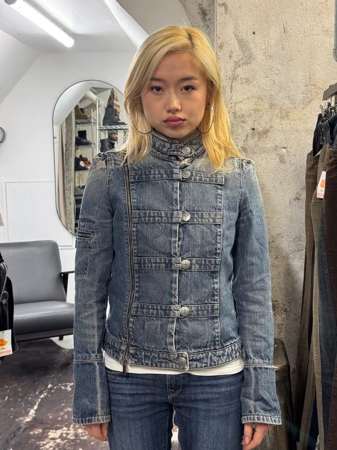 2000s Armani Samurai Buttoned Zip Faded Denim Jacket