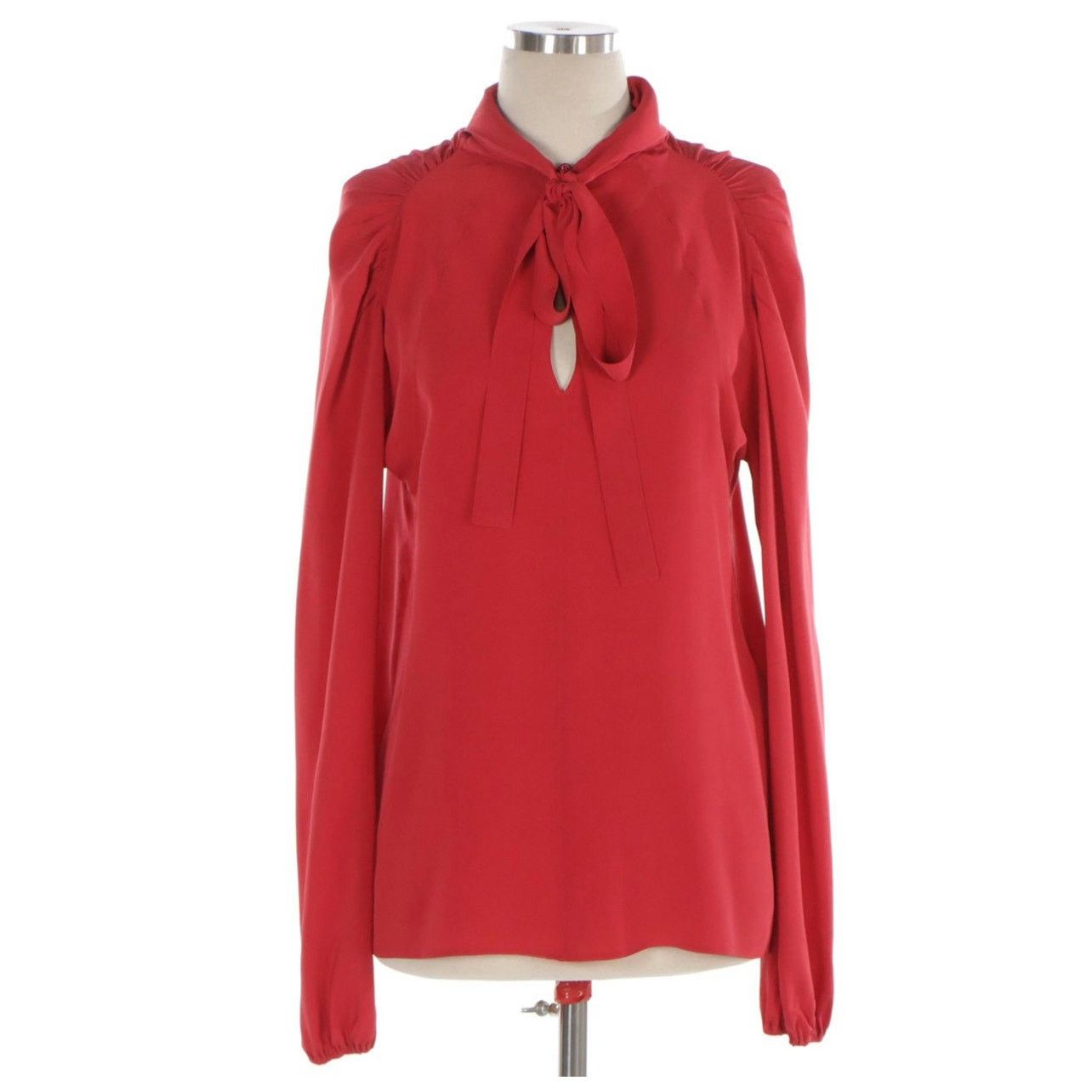 Prada Prada Red Silk Tie-Neck Blouse with Ruched Shoulders Size S / US 4 / IT 40 - 2 Thumbnail