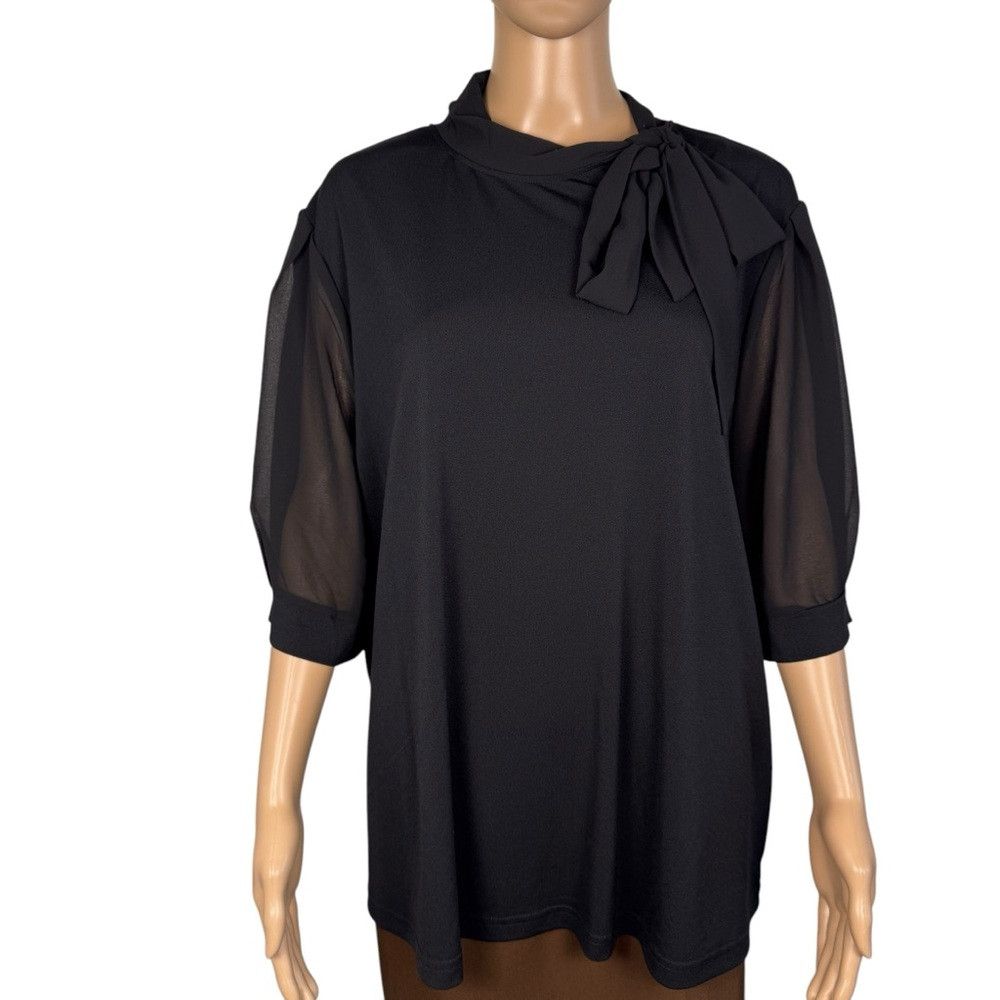 Other NWT New Cable & Gauge Black Sheer Short Sleeve Tie Neck Blo Size 3XL / US 20-22 - 1 Thumbnail