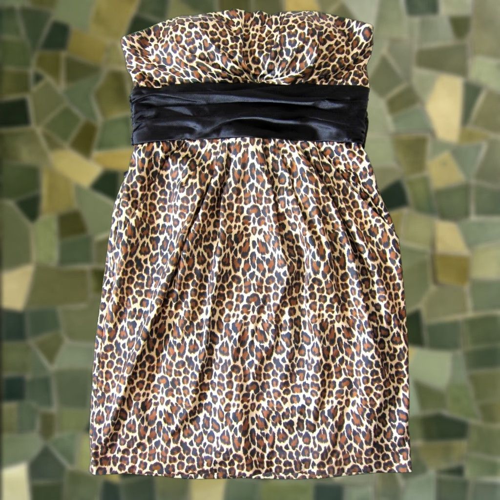 Vintage VINTAGE Jump Apparel Dress Shirt Brown Cheetah Strapless Ruched Pocket Prom Party 6 Women Size M / US 6-8 / IT 42-44 - 1 Thumbnail