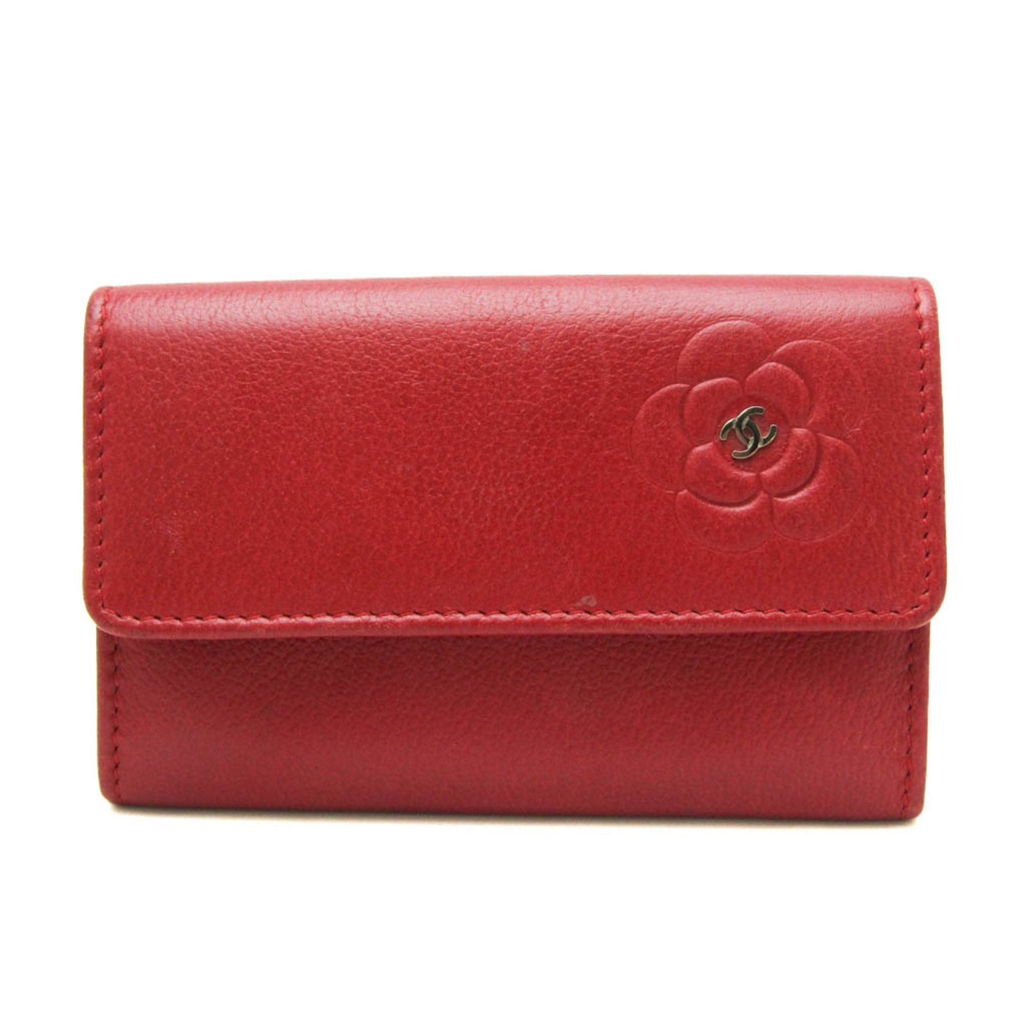 image of Chanel Camellia Leather Card Case Red Color, Women's