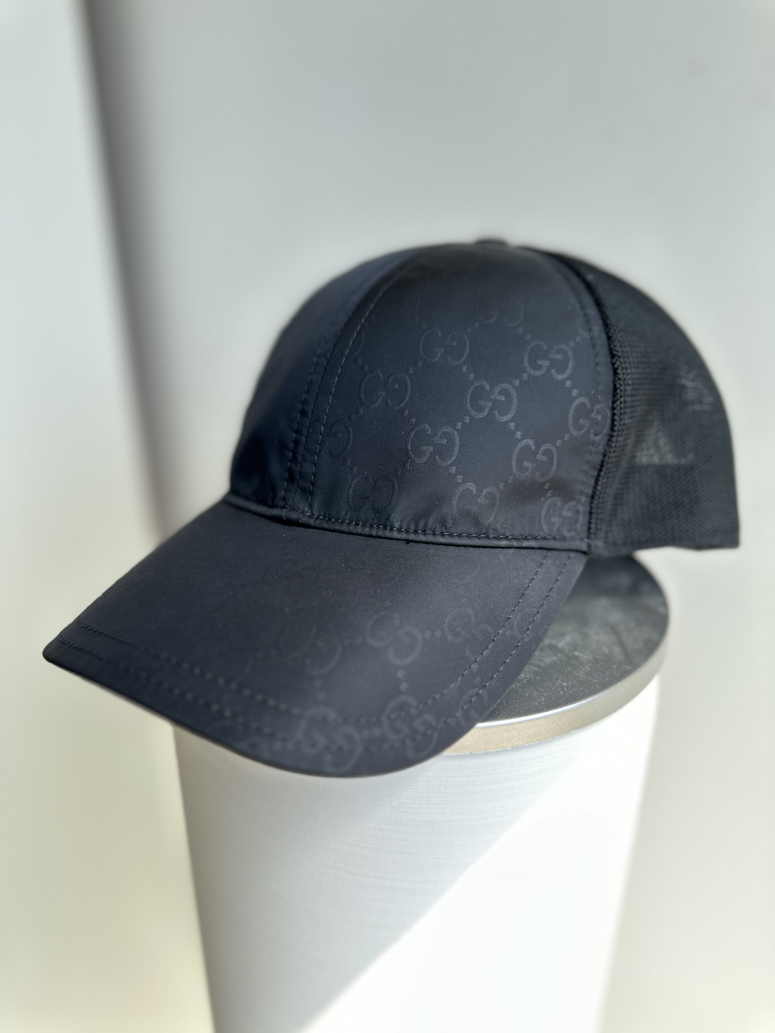 image of Gucci Black Monogram Mesh Trucker Cap Hat, Men's