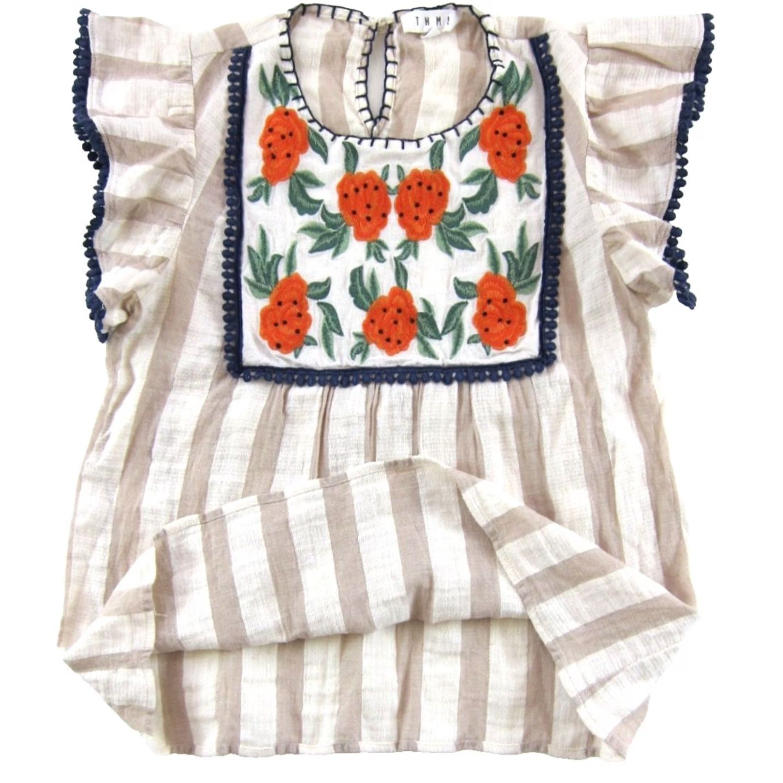 Anthropologie THML Anthropologie Blouse Floral Stripe Cap Sleeve Small Blue Orange White Brown Floral Stripe Cap Sleeve Blouse Small Size S / US 4 / IT 40 - 5 Thumbnail