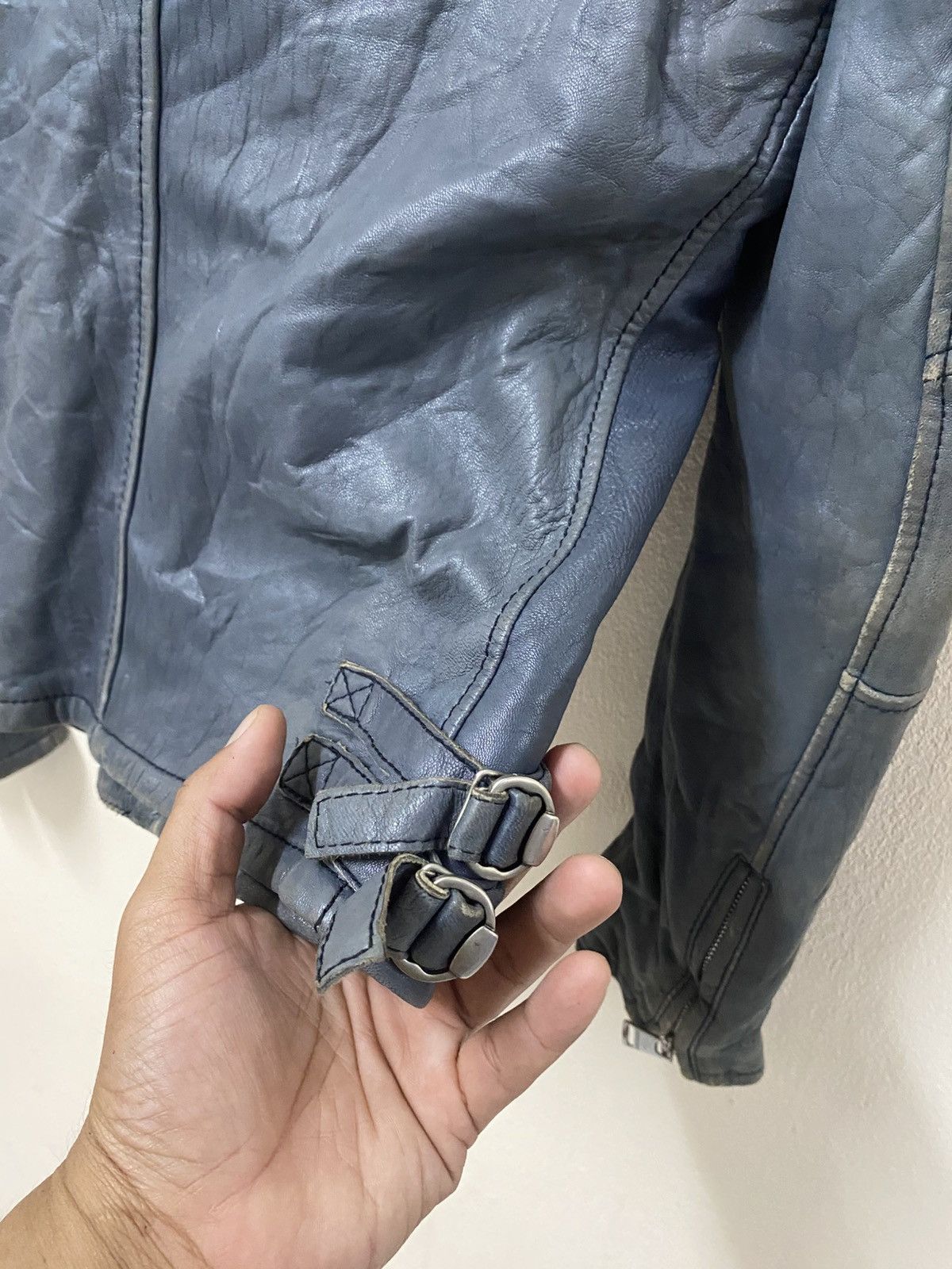 Vintage MuseRoom Blue Leather Biker Jacket Distressed Moto Style Size US S / EU 44-46 / 1 - 12 Thumbnail
