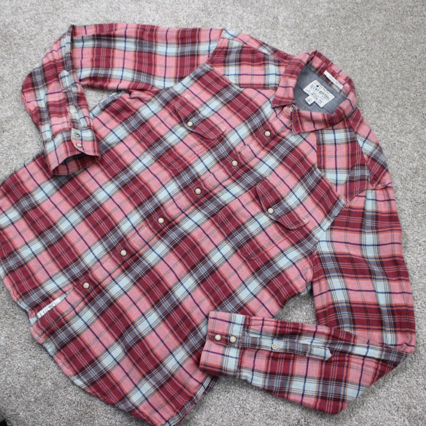 Lucky Brand Lucky Brand Button-Up Shirt Adult Large Red/Blue Plaid Cotton Pearl Snap Western Casual Business Formal Workwear Mens L Size US L / EU 52-54 / 3 - 3 Thumbnail