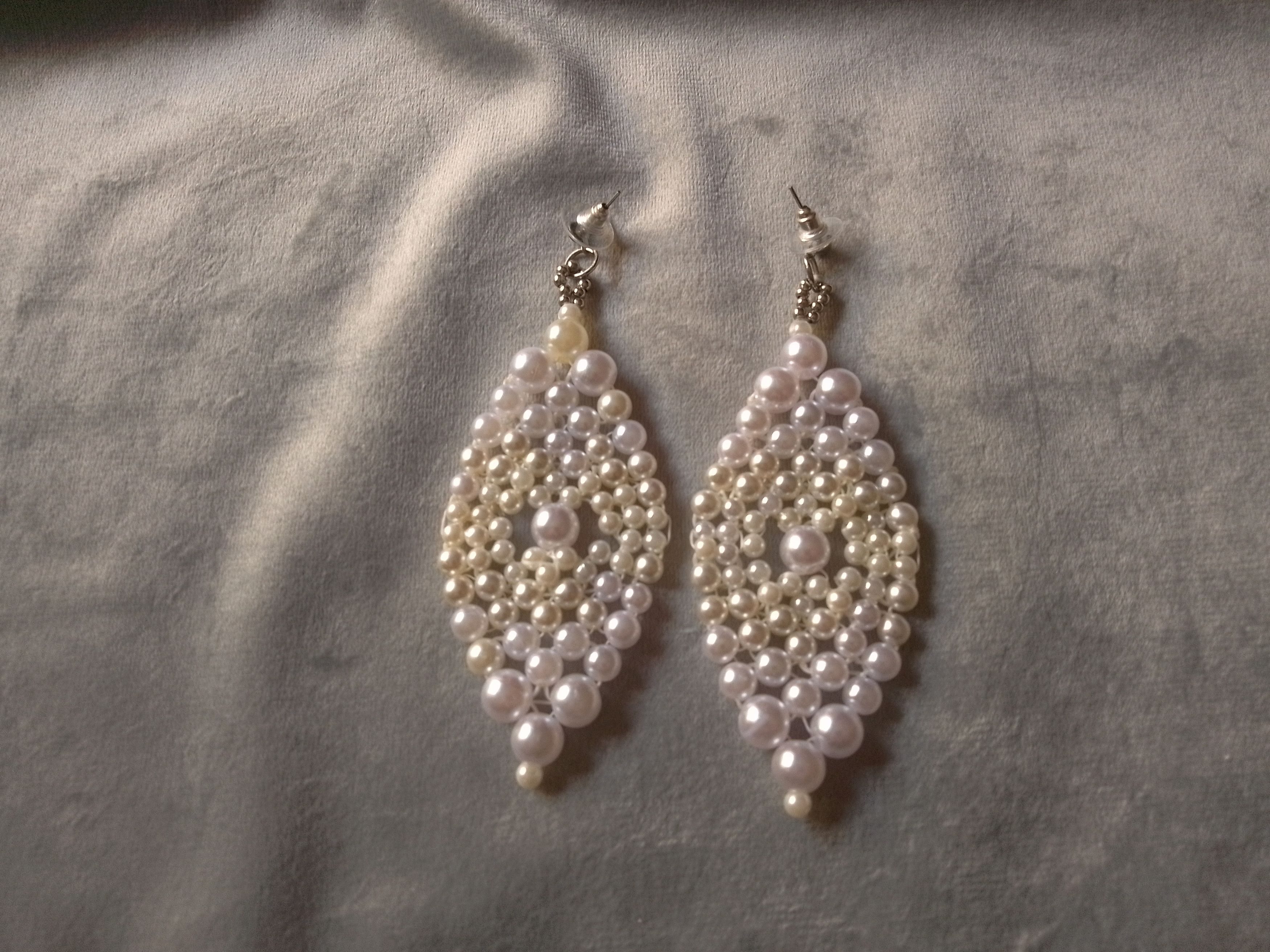 Handmade Earrings Pearls White Elegant Long Embroidered Size ONE SIZE - 3 Thumbnail